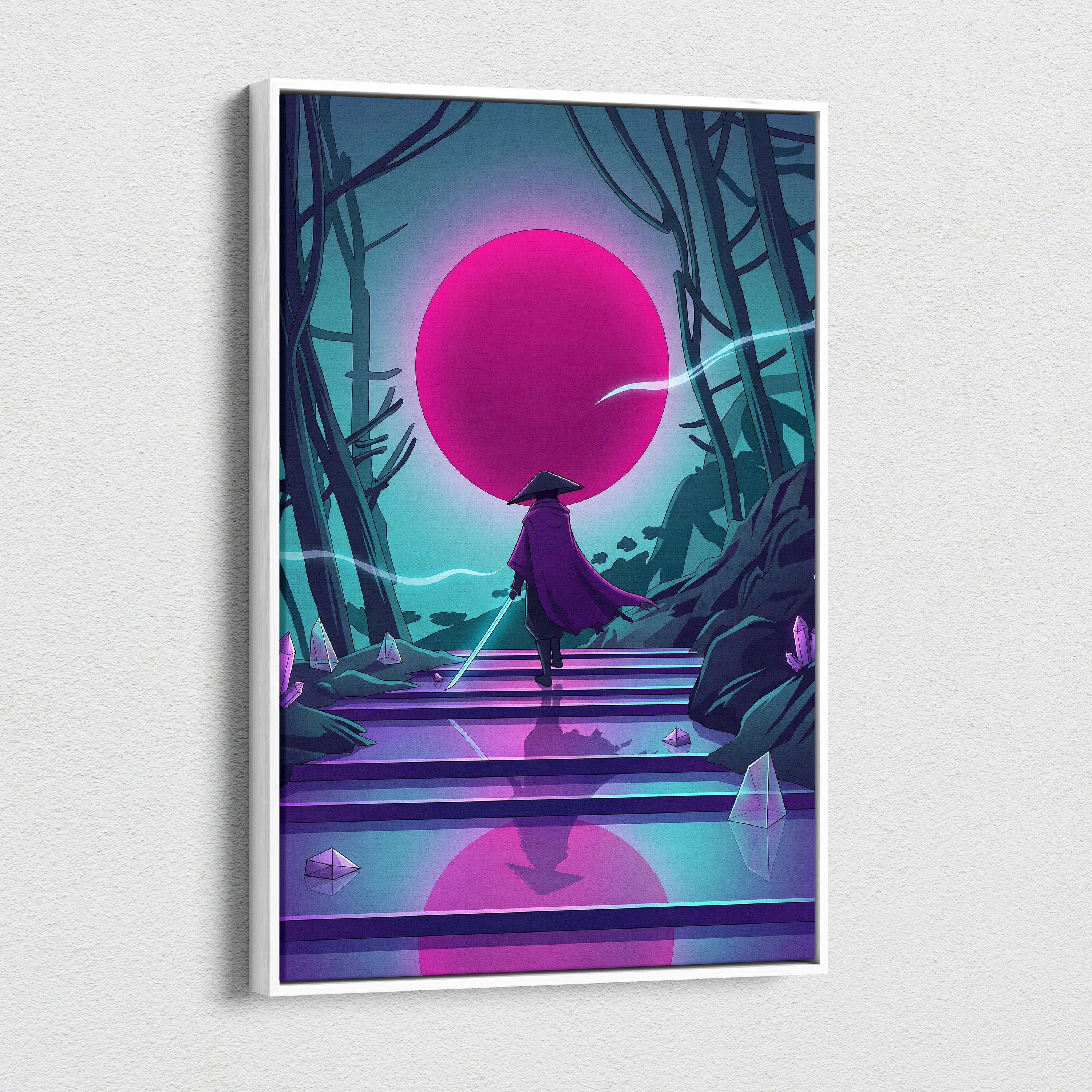 Vaporwave Neon Sunset Canvas - Mystic Figure Neon Pink Teal Living Room Vaporwave Dreamy Retro Futurism Neon Wall Art Canvas