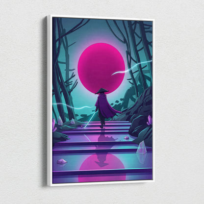 Vaporwave Neon Sunset Canvas - Mystic Figure Neon Pink Teal Living Room Vaporwave Dreamy Retro Futurism Neon Wall Art Canvas