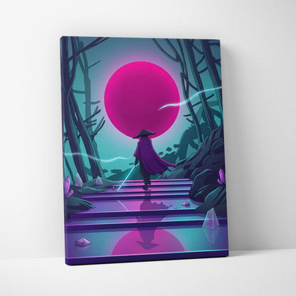 Vaporwave Neon Sunset Canvas - Mystic Figure Neon Pink Teal Living Room Vaporwave Dreamy Retro Futurism Neon Wall Art Canvas