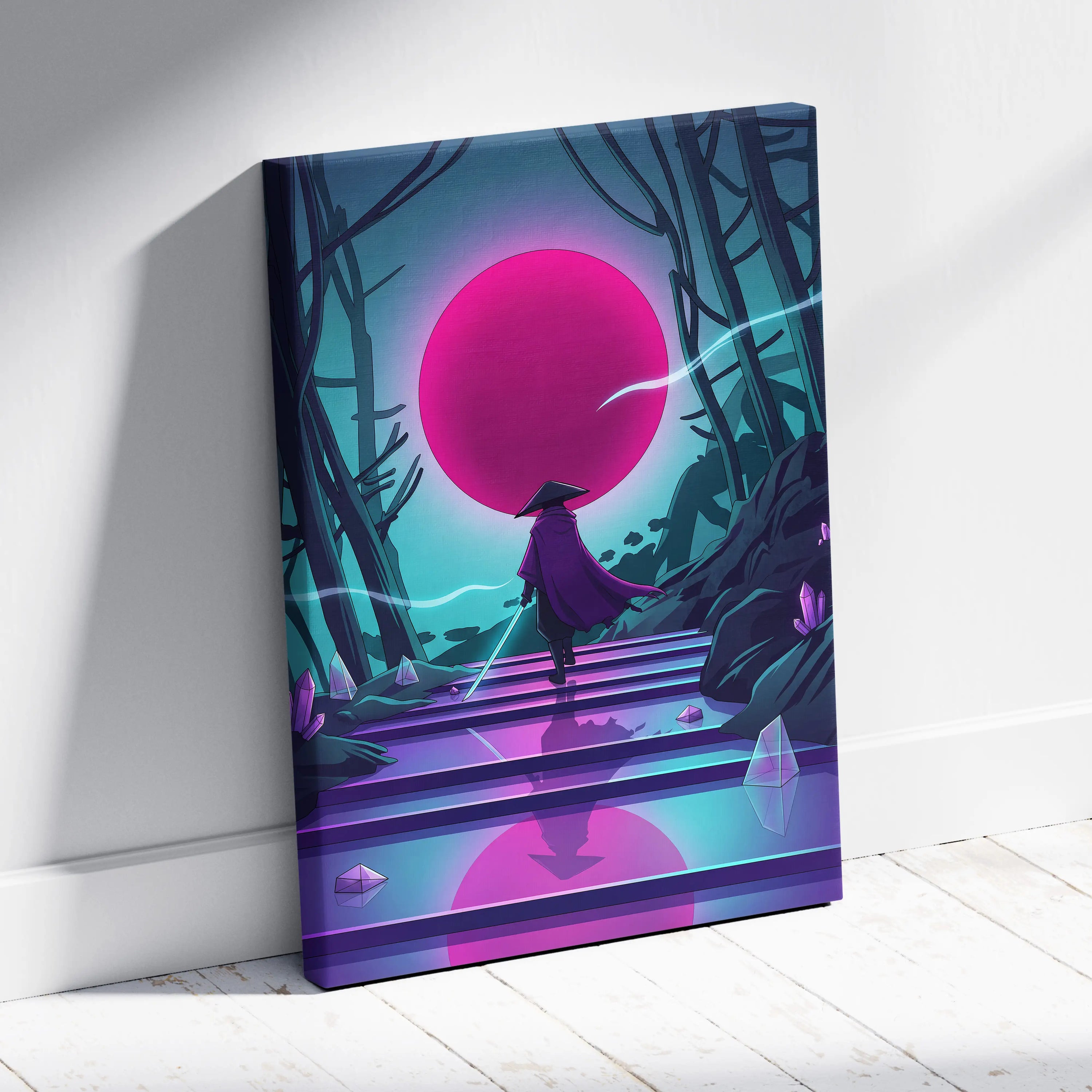 Vaporwave Neon Sunset Canvas - Mystic Figure Neon Pink Teal Living Room Vaporwave Dreamy Retro Futurism Neon Wall Art Canvas