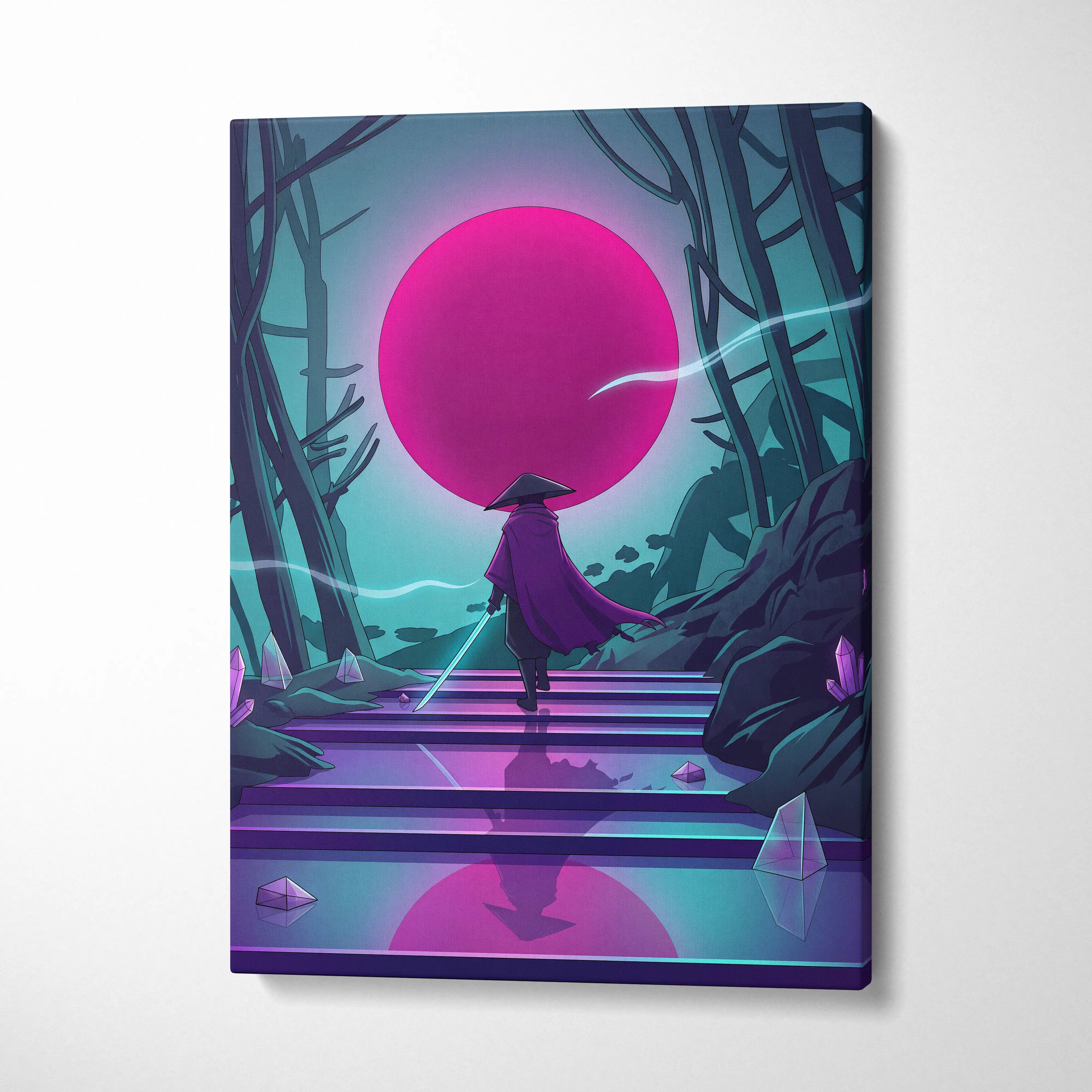 Vaporwave Neon Sunset Canvas - Mystic Figure Neon Pink Teal Living Room Vaporwave Dreamy Retro Futurism Neon Wall Art Canvas