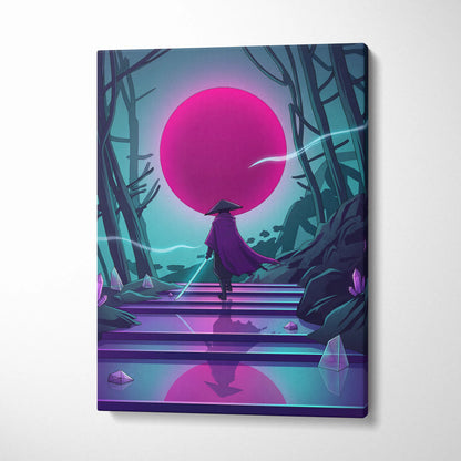 Vaporwave Neon Sunset Canvas - Mystic Figure Neon Pink Teal Living Room Vaporwave Dreamy Retro Futurism Neon Wall Art Canvas