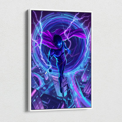 Vaporwave Neon Hero Canvas - Hero Purple Blue Vaporwave Living Room Retro Futurism Moody Neon Synthwave Decor Wall Art