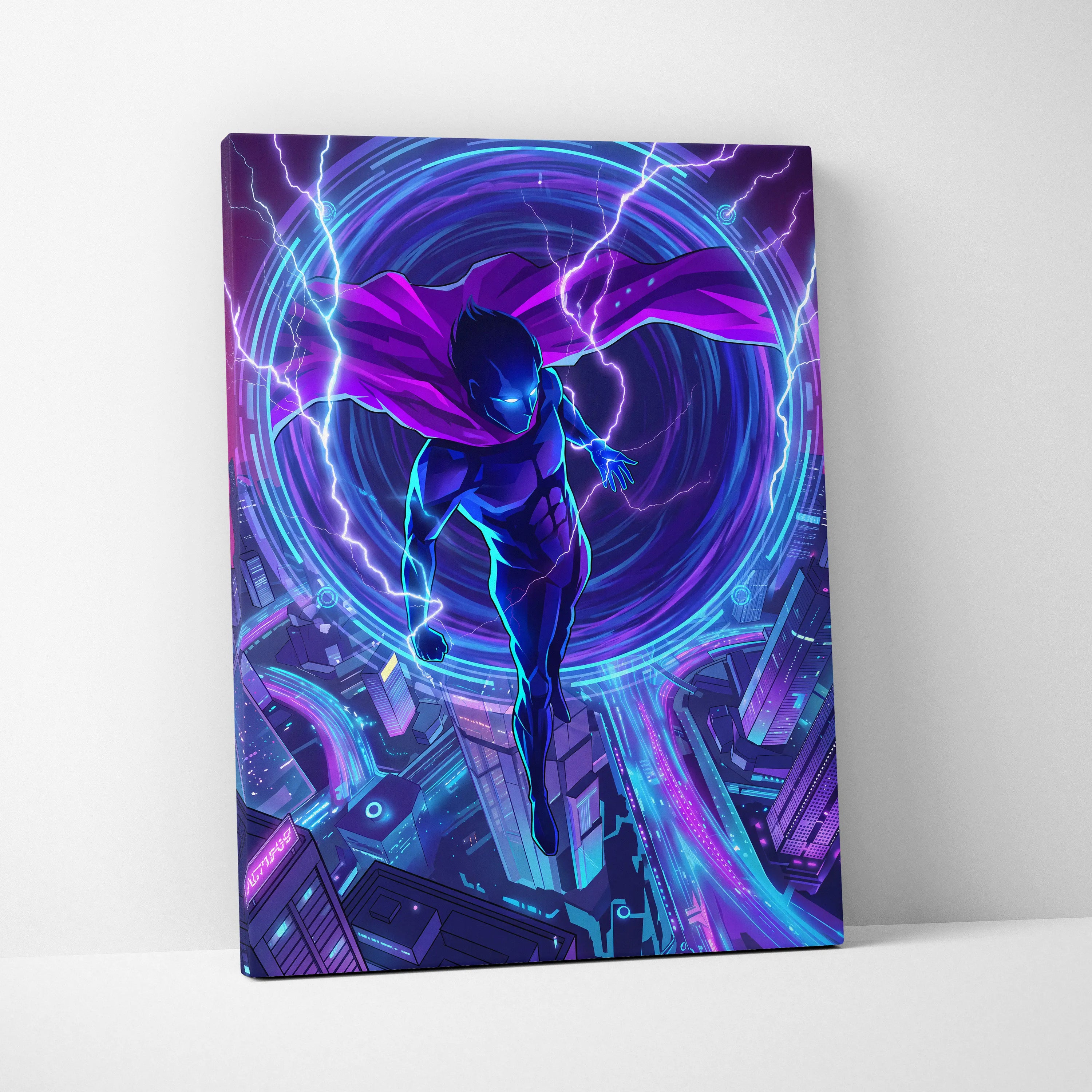Vaporwave Neon Hero Canvas - Hero Purple Blue Vaporwave Living Room Retro Futurism Moody Neon Synthwave Decor Wall Art