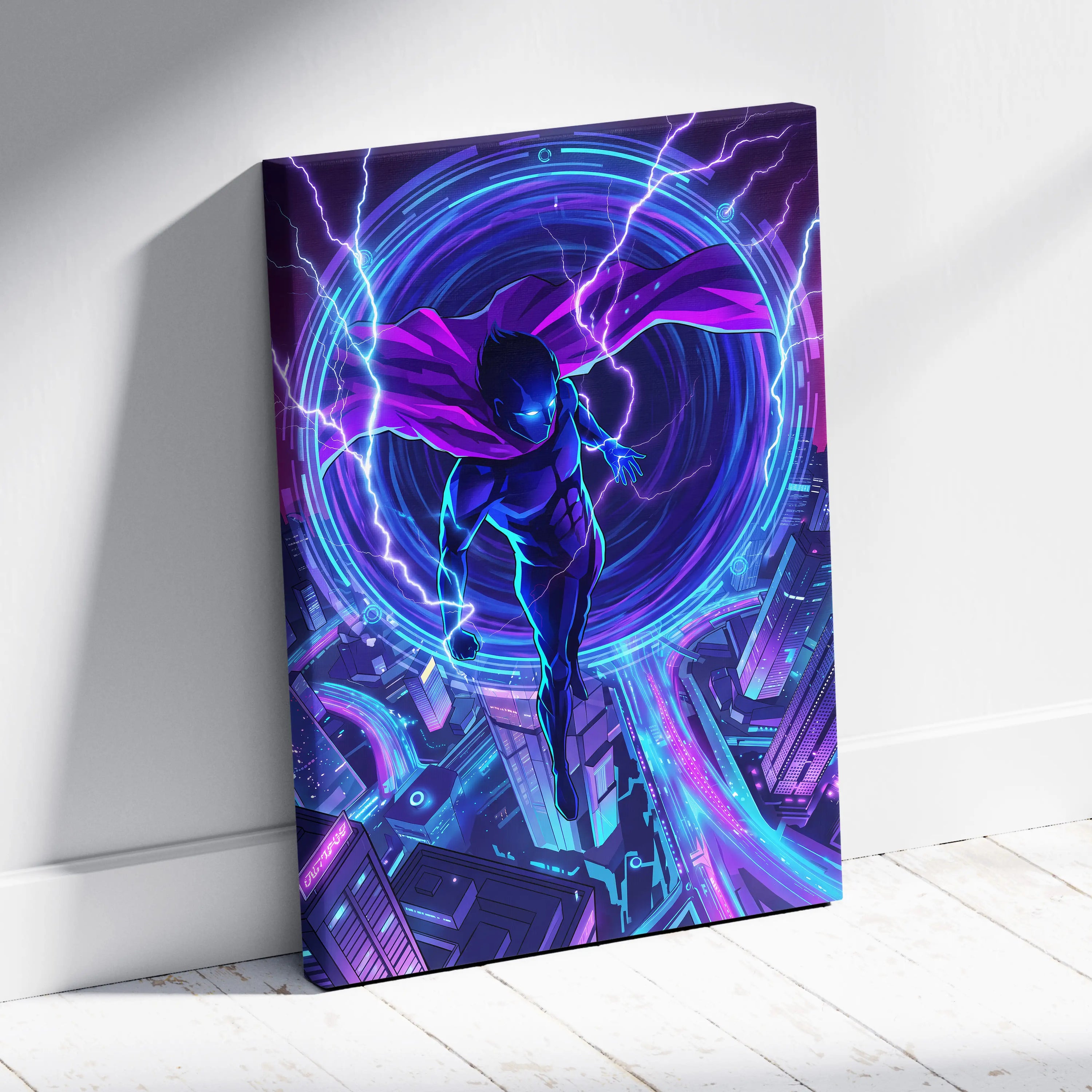 Vaporwave Neon Hero Canvas - Hero Purple Blue Vaporwave Living Room Retro Futurism Moody Neon Synthwave Decor Wall Art