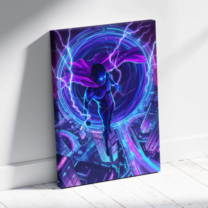 Vaporwave Neon Hero Canvas - Hero Purple Blue Vaporwave Living Room Retro Futurism Moody Neon Synthwave Decor Wall Art