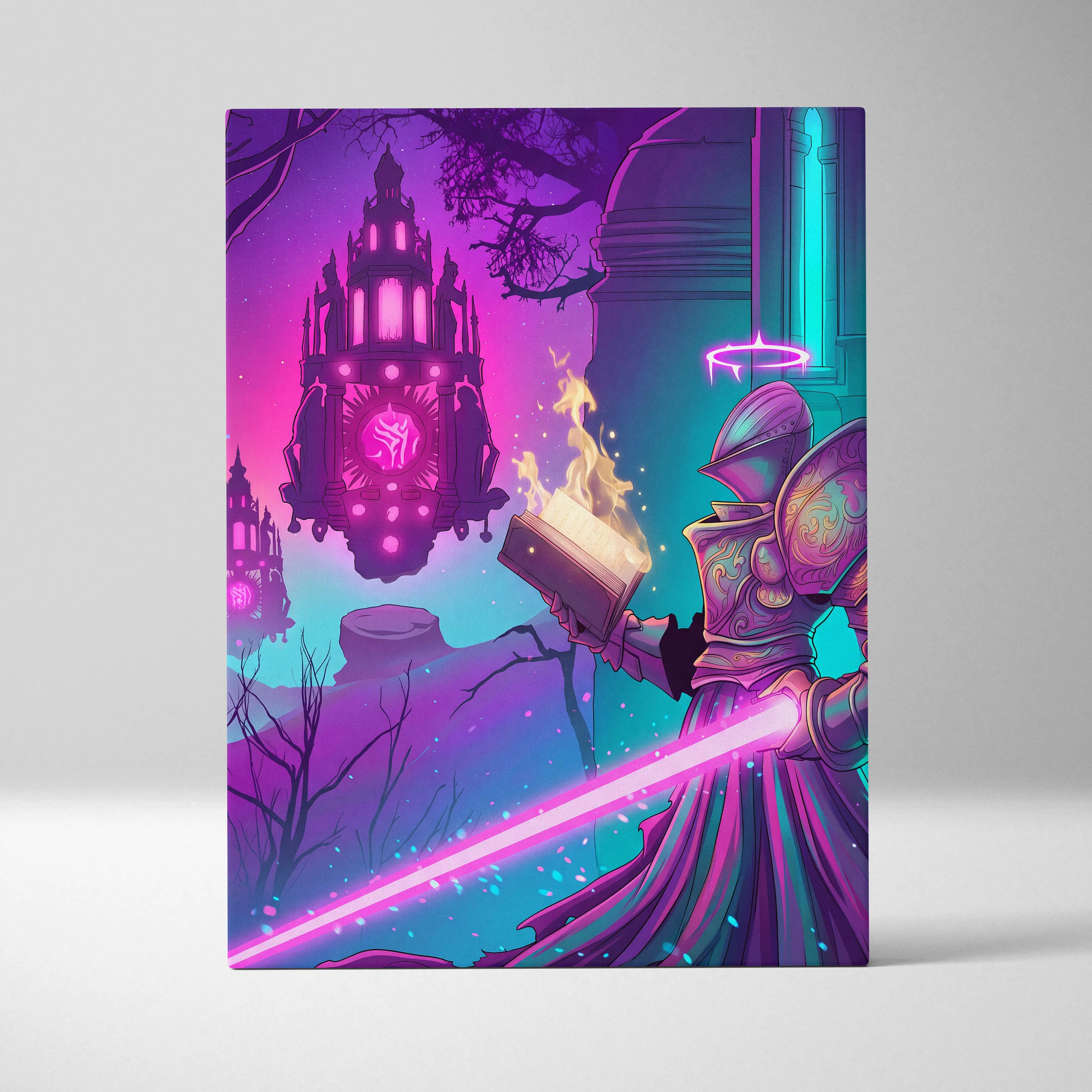 Vaporwave Fantasy Neon City Canvas - Vaporwave Fantasy Neon Pink Wall Art Living Room Dreamy Mood Retro Neon Canvas