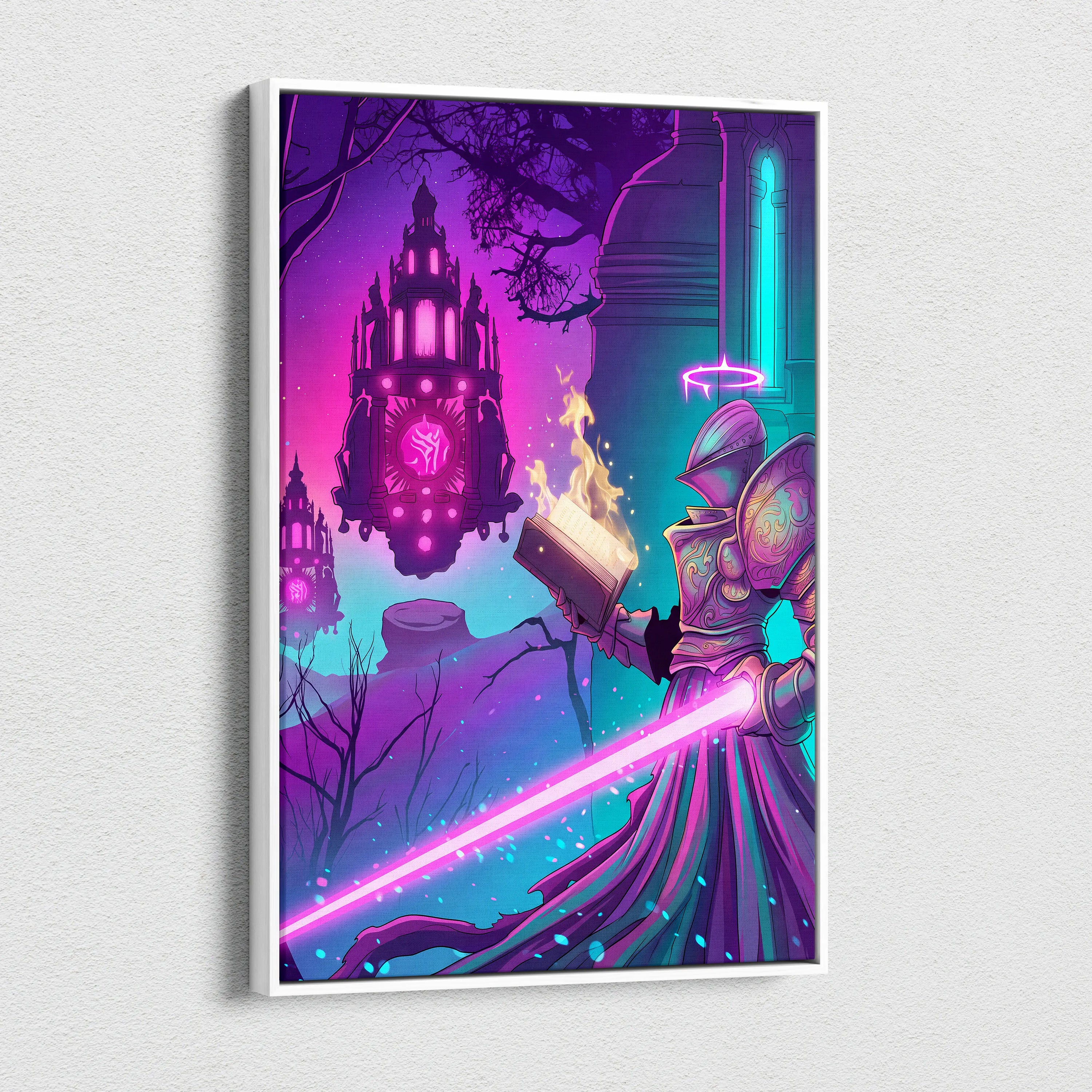 Vaporwave Fantasy Neon City Canvas - Vaporwave Fantasy Neon Pink Wall Art Living Room Dreamy Mood Retro Neon Canvas