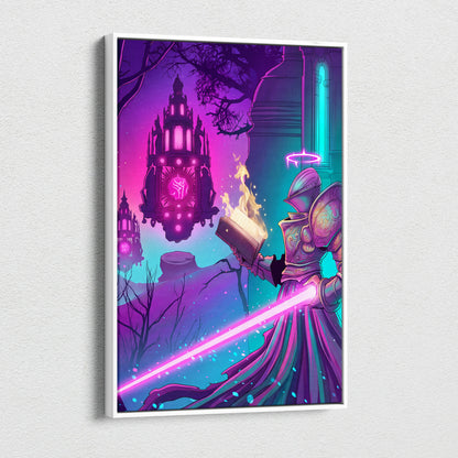 Vaporwave Fantasy Neon City Canvas - Vaporwave Fantasy Neon Pink Wall Art Living Room Dreamy Mood Retro Neon Canvas
