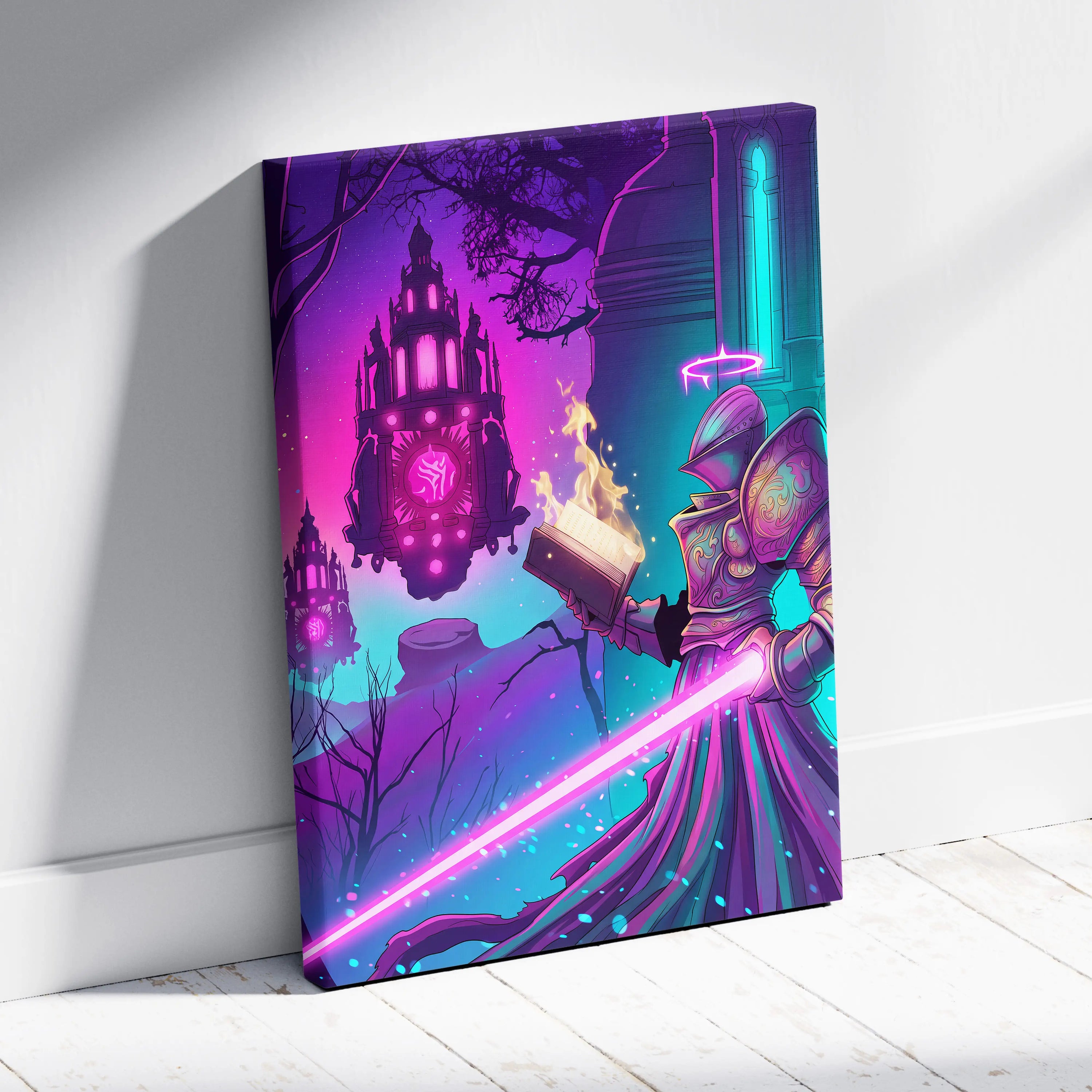 Vaporwave Fantasy Neon City Canvas - Vaporwave Fantasy Neon Pink Wall Art Living Room Dreamy Mood Retro Neon Canvas