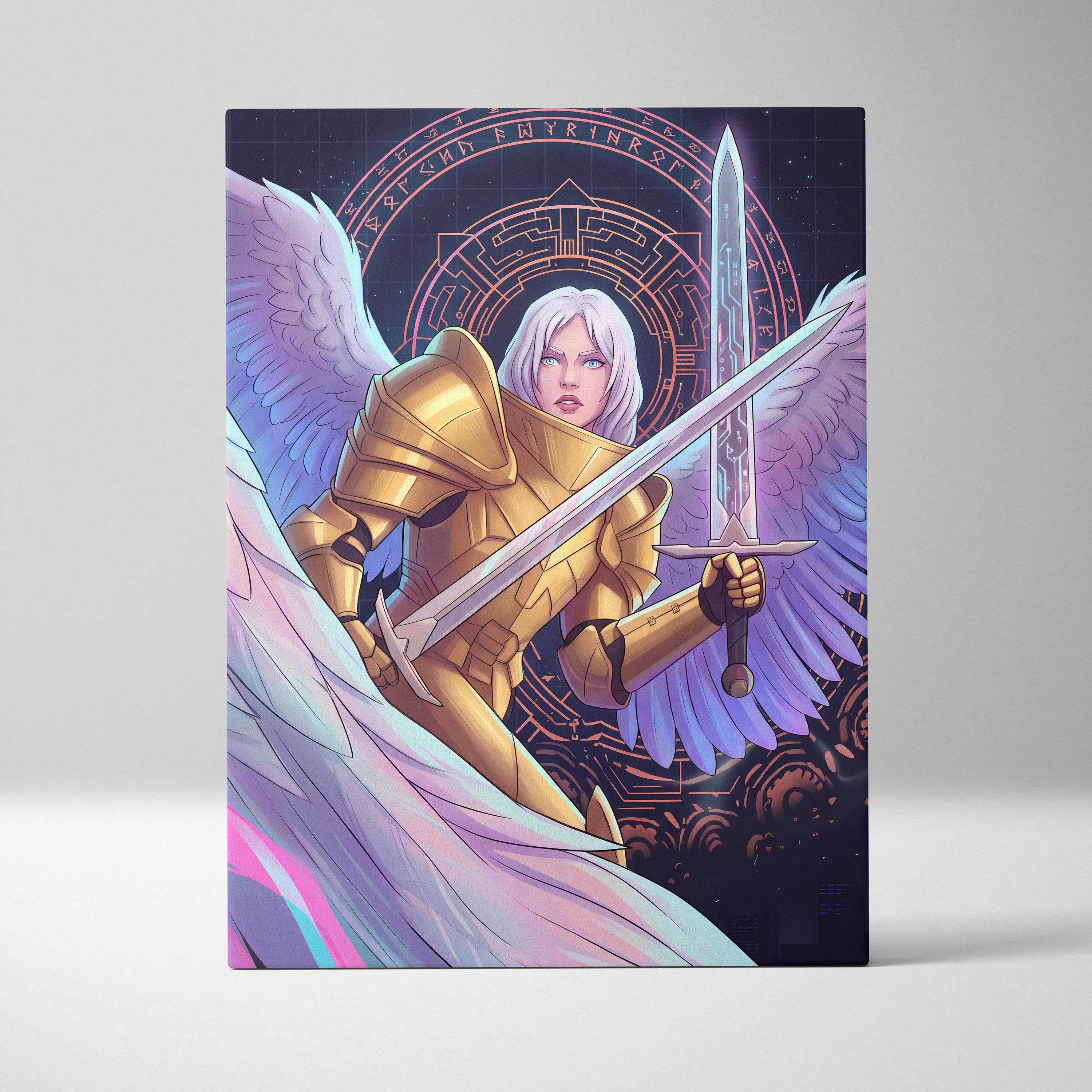 Angelic Warrior Neon Vaporwave - Angelic Warrior Neon Pink Living Room Vaporwave Mystical Ethereal Wall Art Canvas Print