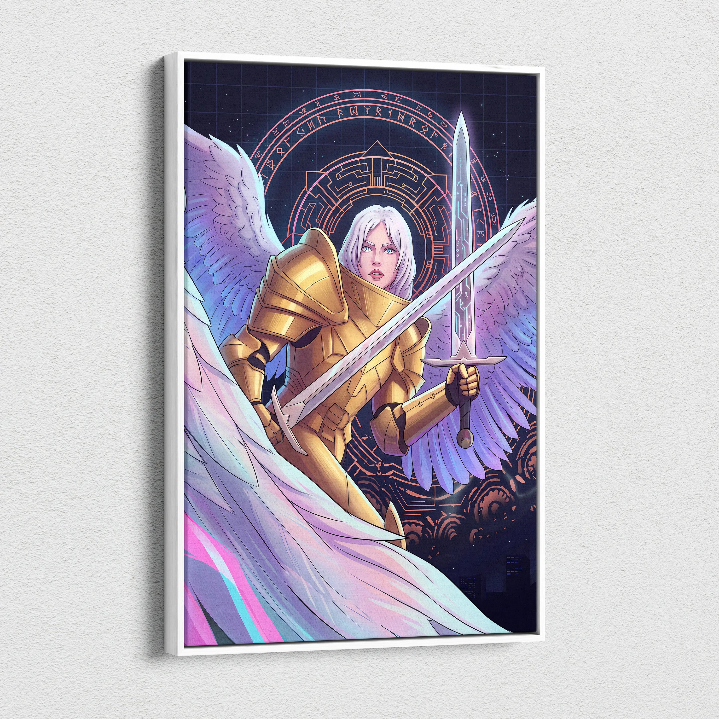 Angelic Warrior Neon Vaporwave - Angelic Warrior Neon Pink Living Room Vaporwave Mystical Ethereal Wall Art Canvas Print
