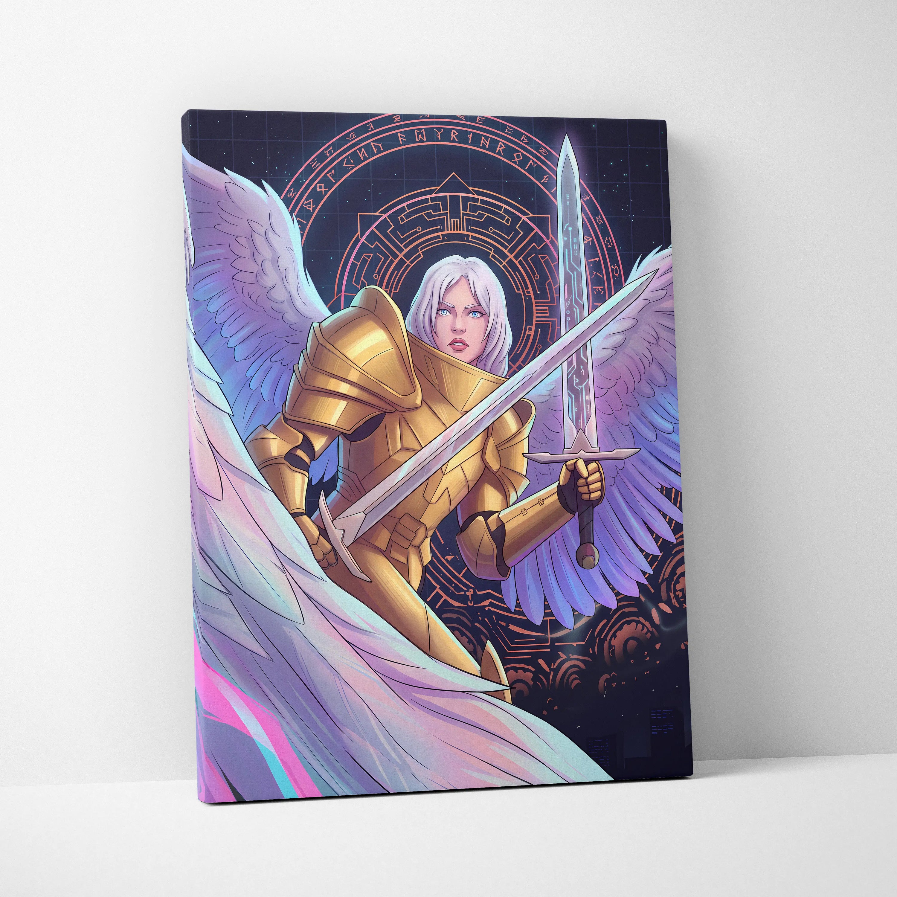 Angelic Warrior Neon Vaporwave - Angelic Warrior Neon Pink Living Room Vaporwave Mystical Ethereal Wall Art Canvas Print