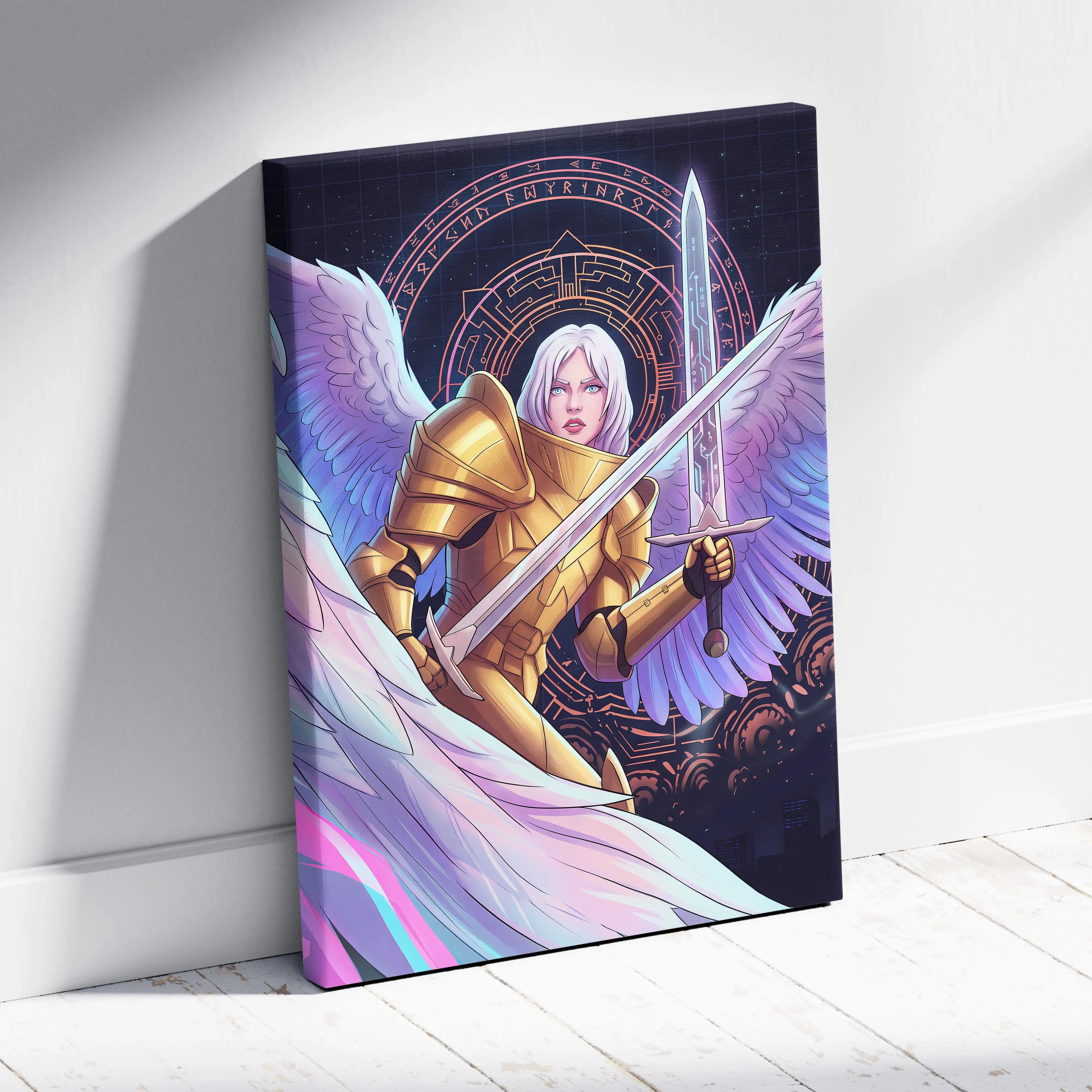 Angelic Warrior Neon Vaporwave - Angelic Warrior Neon Pink Living Room Vaporwave Mystical Ethereal Wall Art Canvas Print