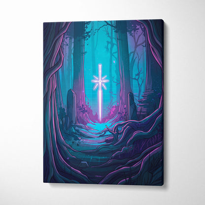 Vaporwave Neon Forest Canvas Art - Forest Scene Neon Blues Living Room Vaporwave Dreamy Glow Modern Canvas Print