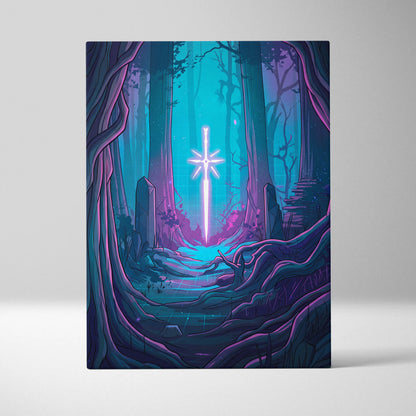 Vaporwave Neon Forest Canvas Art - Forest Scene Neon Blues Living Room Vaporwave Dreamy Glow Modern Canvas Print