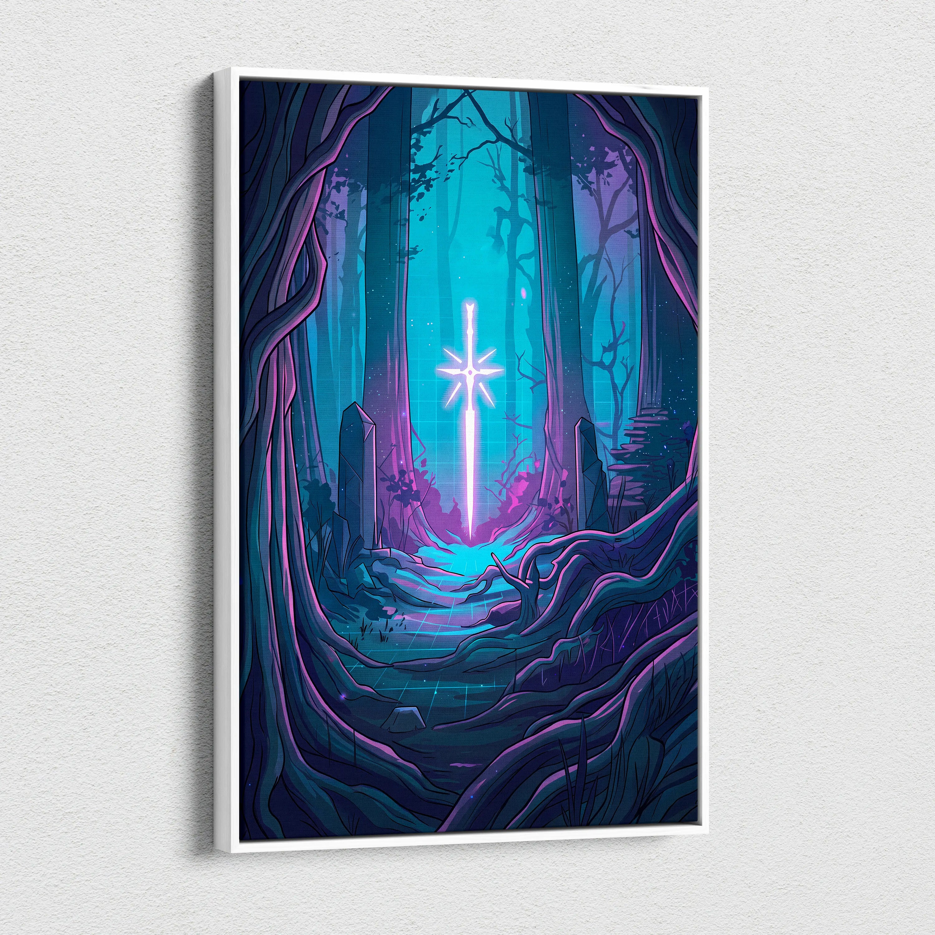 Vaporwave Neon Forest Canvas Art - Forest Scene Neon Blues Living Room Vaporwave Dreamy Glow Modern Canvas Print