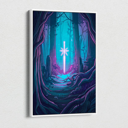 Vaporwave Neon Forest Canvas Art - Forest Scene Neon Blues Living Room Vaporwave Dreamy Glow Modern Canvas Print