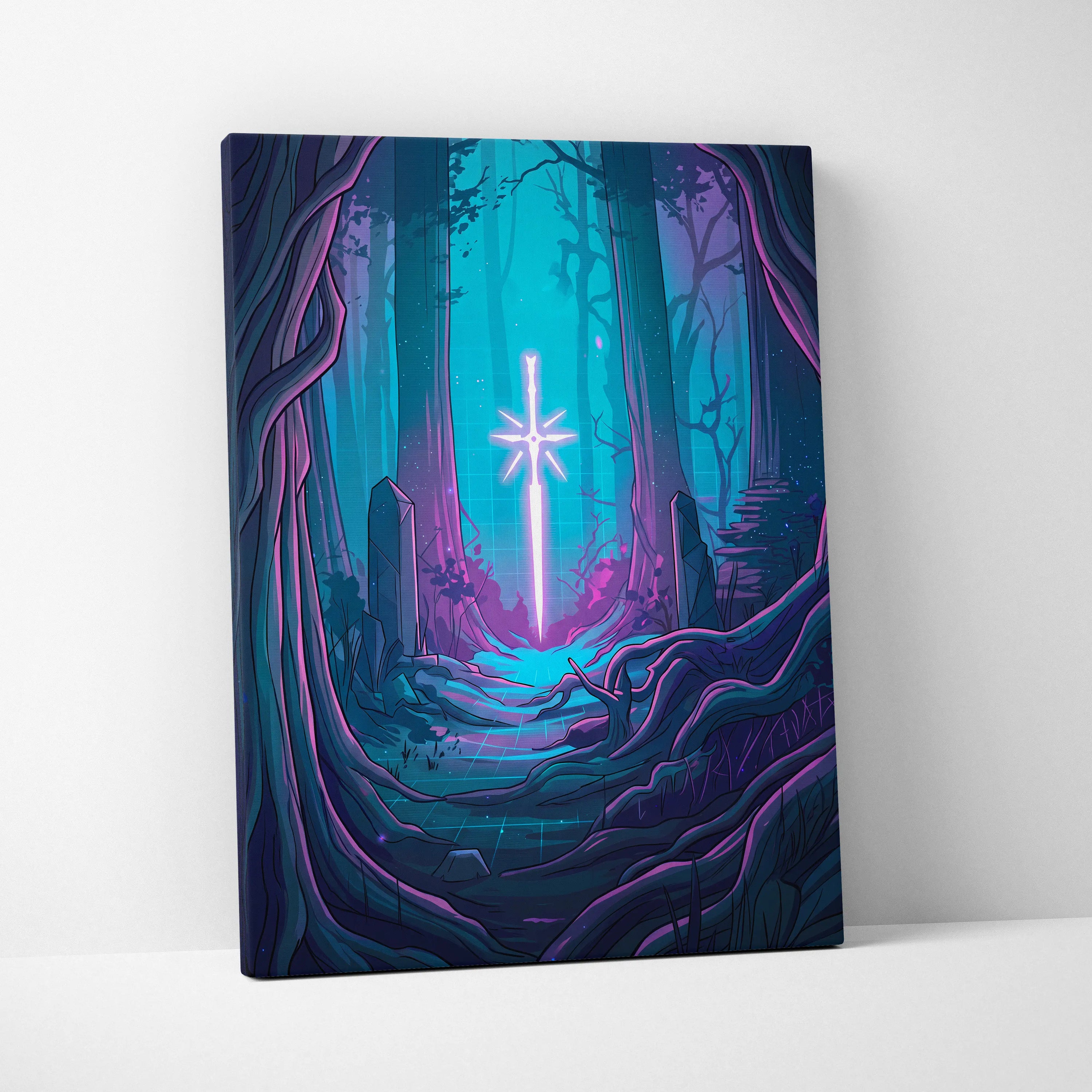 Vaporwave Neon Forest Canvas Art - Forest Scene Neon Blues Living Room Vaporwave Dreamy Glow Modern Canvas Print