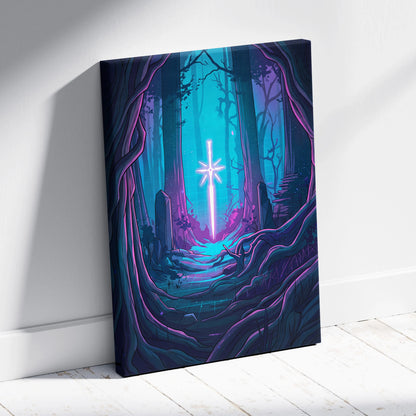 Vaporwave Neon Forest Canvas Art - Forest Scene Neon Blues Living Room Vaporwave Dreamy Glow Modern Canvas Print