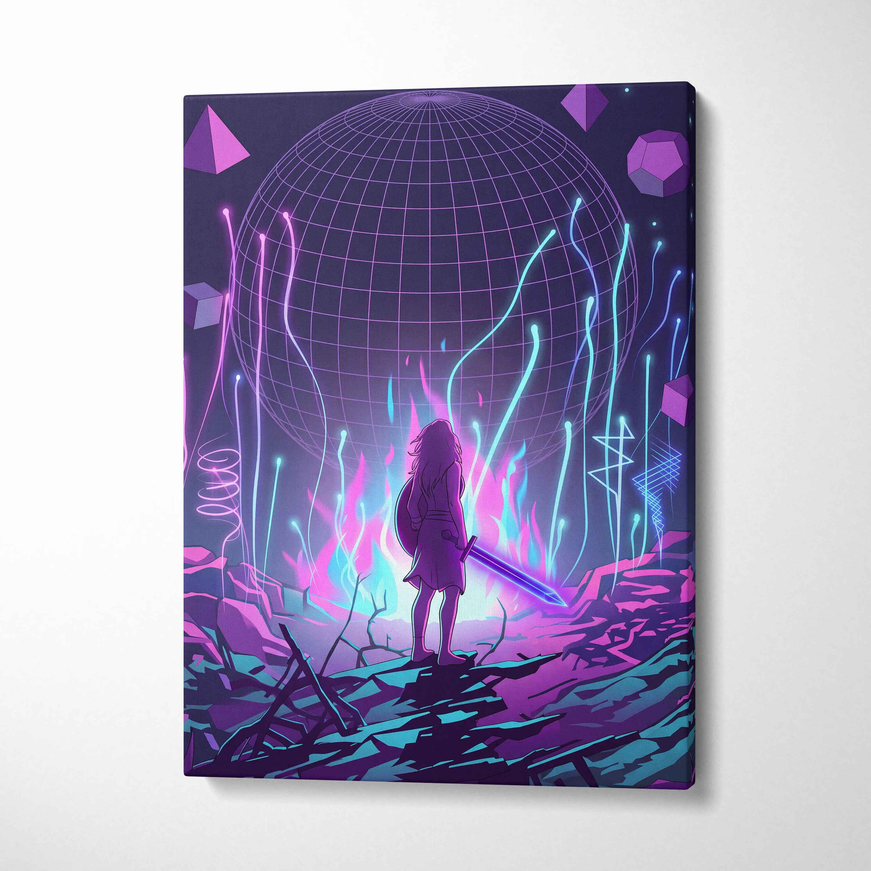 Vaporwave Neon Sphere Canvas - Vaporwave Fantasy Art Purple Pink Blue Neon Living Room Decor Retro Futurism Canvas Print
