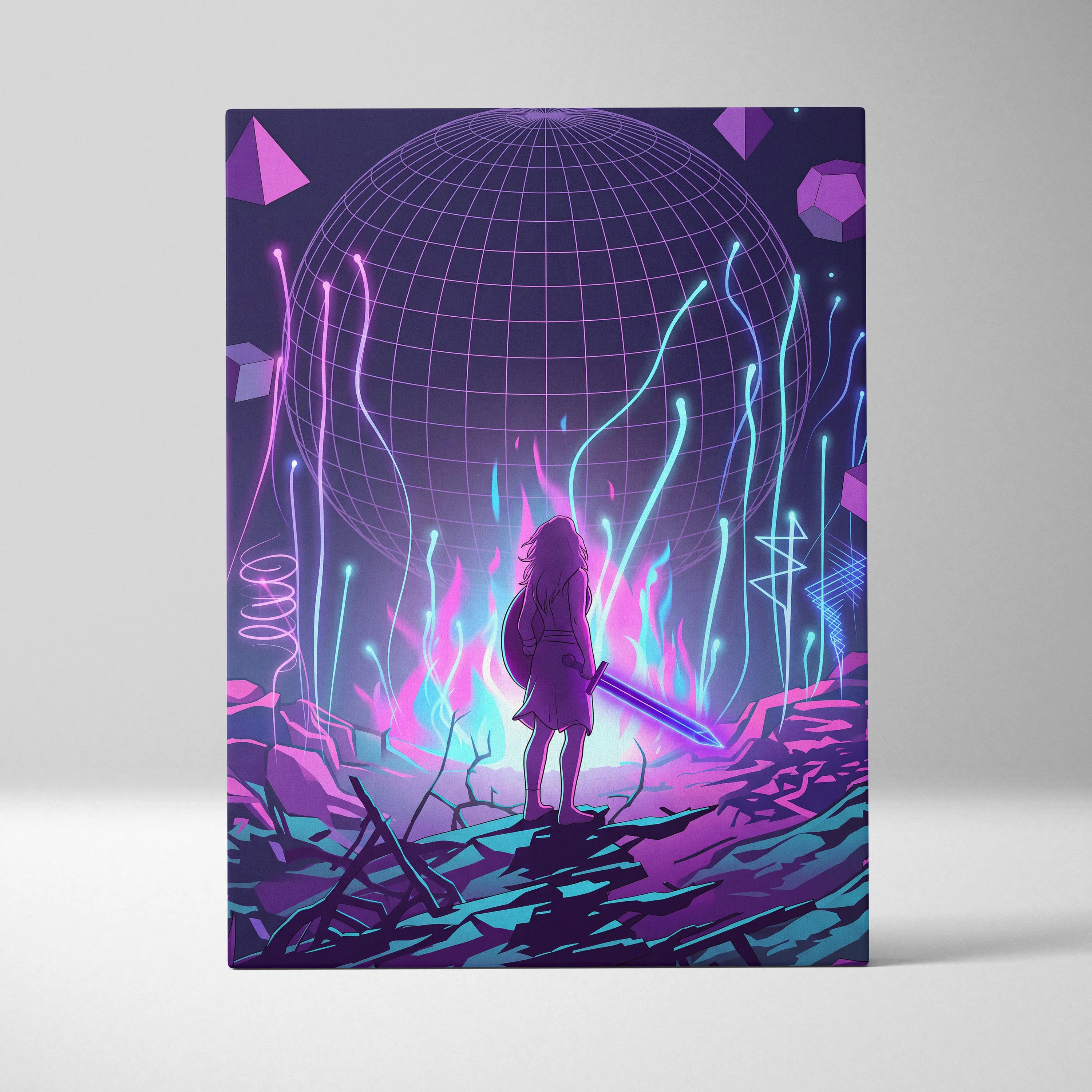 Vaporwave Neon Sphere Canvas - Vaporwave Fantasy Art Purple Pink Blue Neon Living Room Decor Retro Futurism Canvas Print