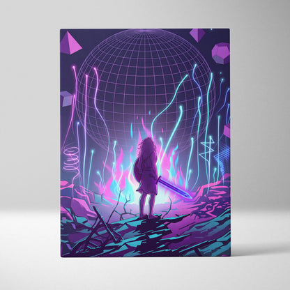 Vaporwave Neon Sphere Canvas - Vaporwave Fantasy Art Purple Pink Blue Neon Living Room Decor Retro Futurism Canvas Print
