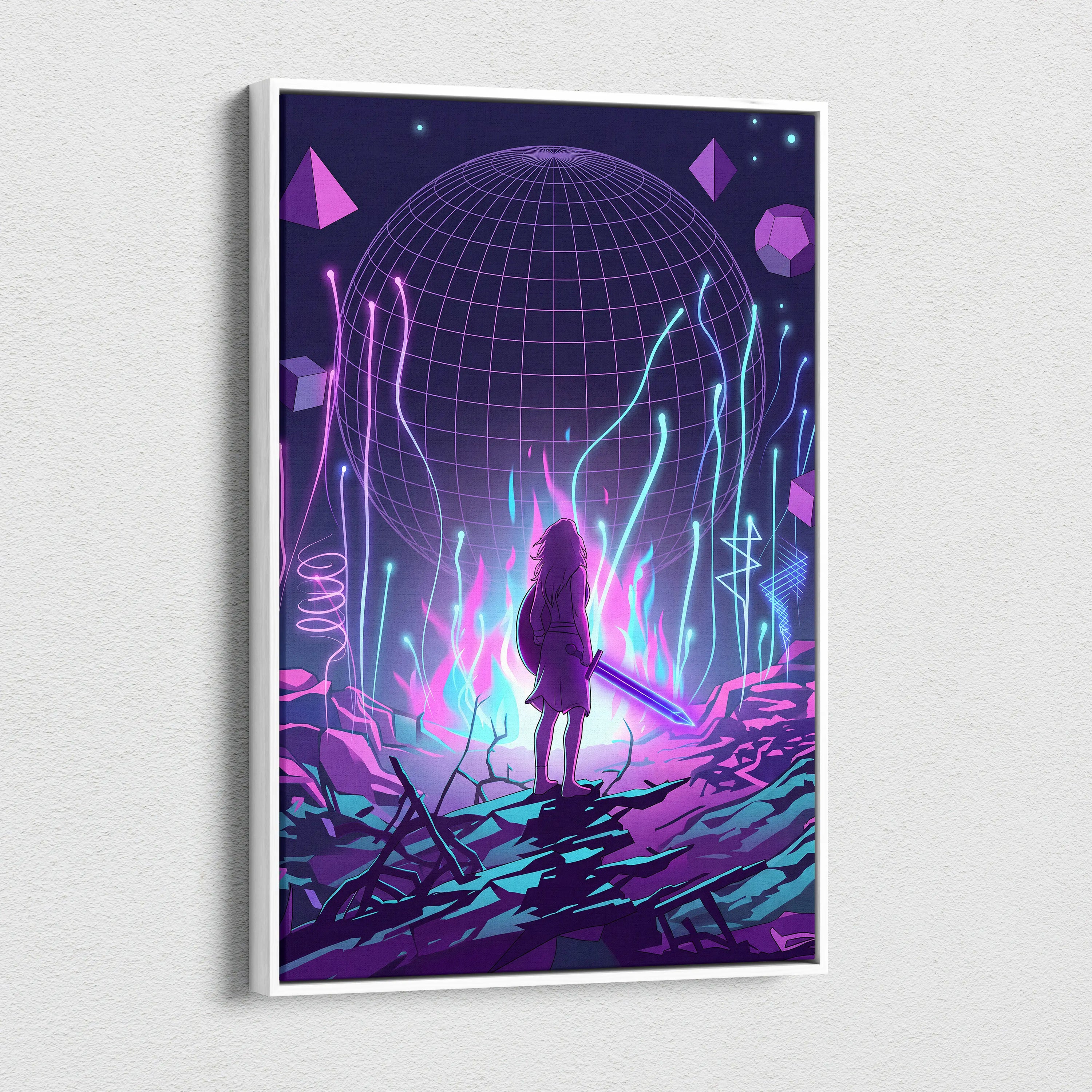 Vaporwave Neon Sphere Canvas - Vaporwave Fantasy Art Purple Pink Blue Neon Living Room Decor Retro Futurism Canvas Print