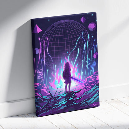 Vaporwave Neon Sphere Canvas - Vaporwave Fantasy Art Purple Pink Blue Neon Living Room Decor Retro Futurism Canvas Print