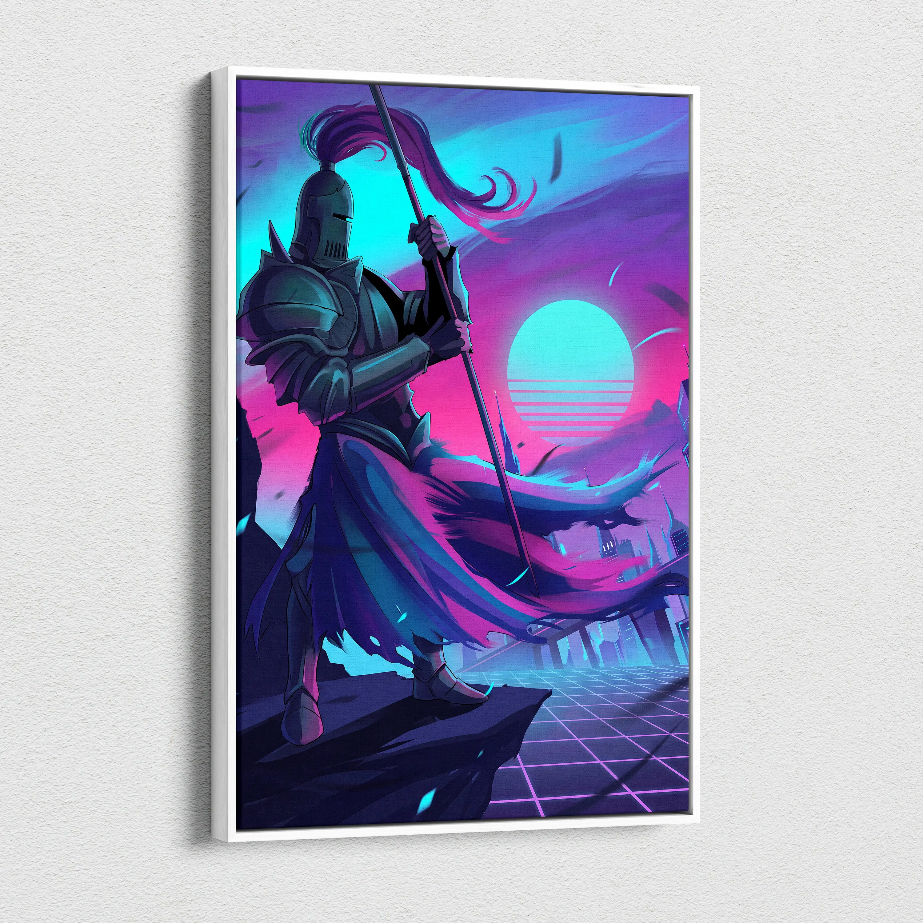 Neon Knight Vaporwave Canvas - Knight Neon Pink Blue Canvas Living Room Vaporwave Moody Neon Aesthetic Wall Art Canvas