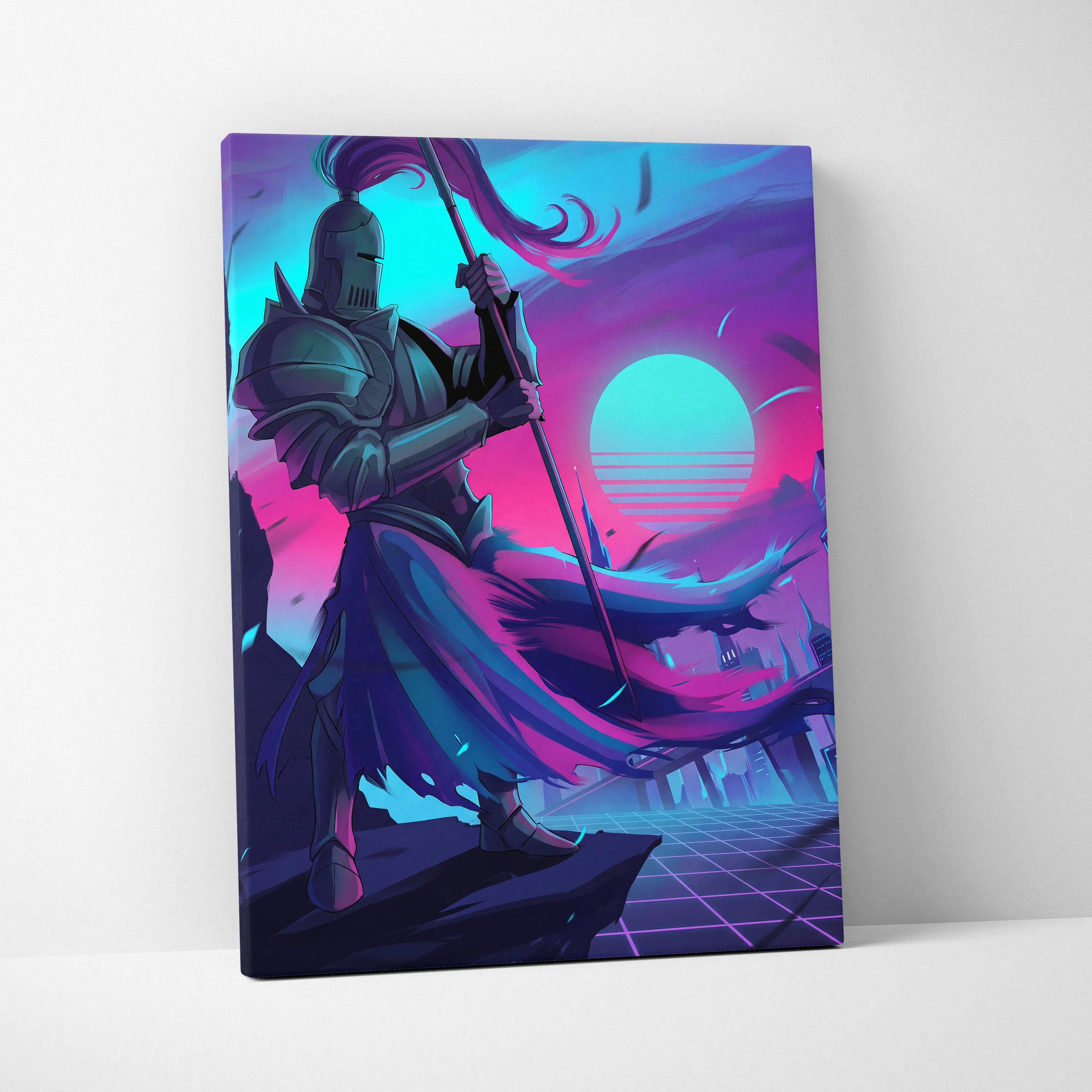 Neon Knight Vaporwave Canvas - Knight Neon Pink Blue Canvas Living Room Vaporwave Moody Neon Aesthetic Wall Art Canvas