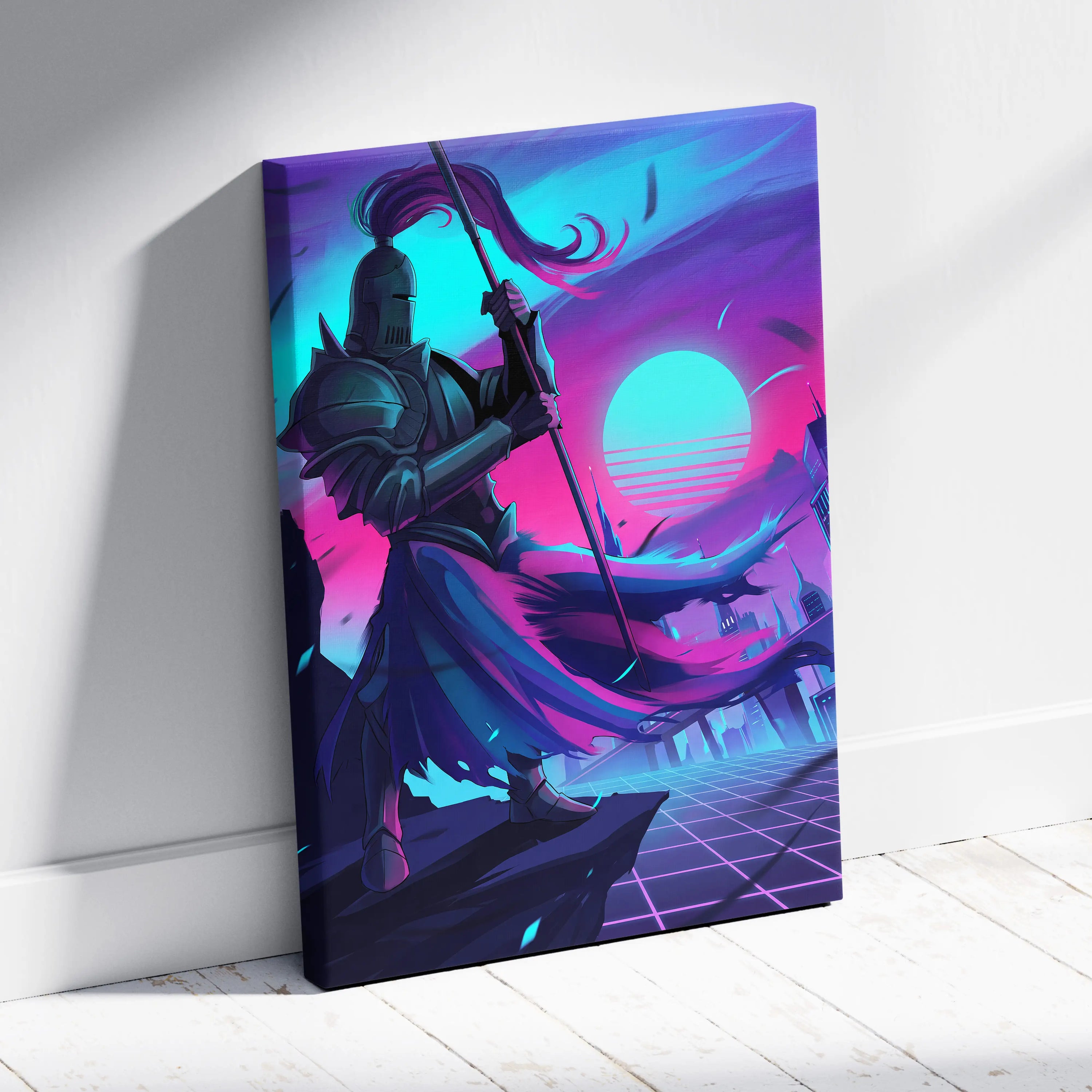 Neon Knight Vaporwave Canvas - Knight Neon Pink Blue Canvas Living Room Vaporwave Moody Neon Aesthetic Wall Art Canvas