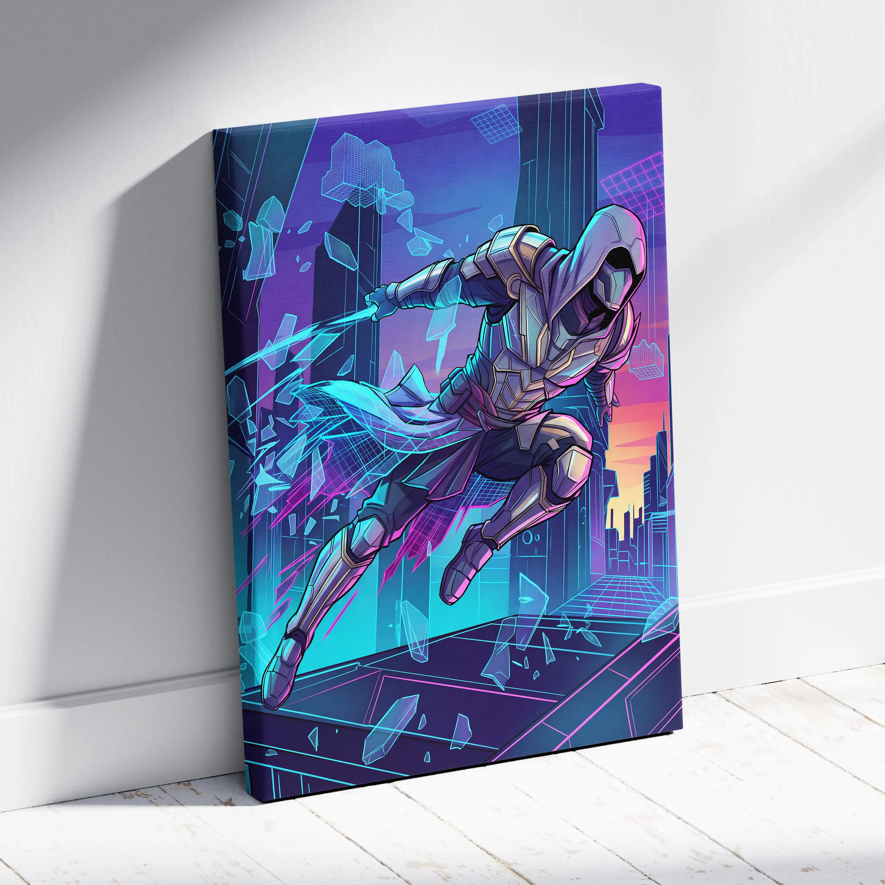 Vaporwave Neon Guardian Canvas - Vaporwave Warrior Pink Blue Living Room Retro Dreamy Nostalgic Wall Art Canvas Print