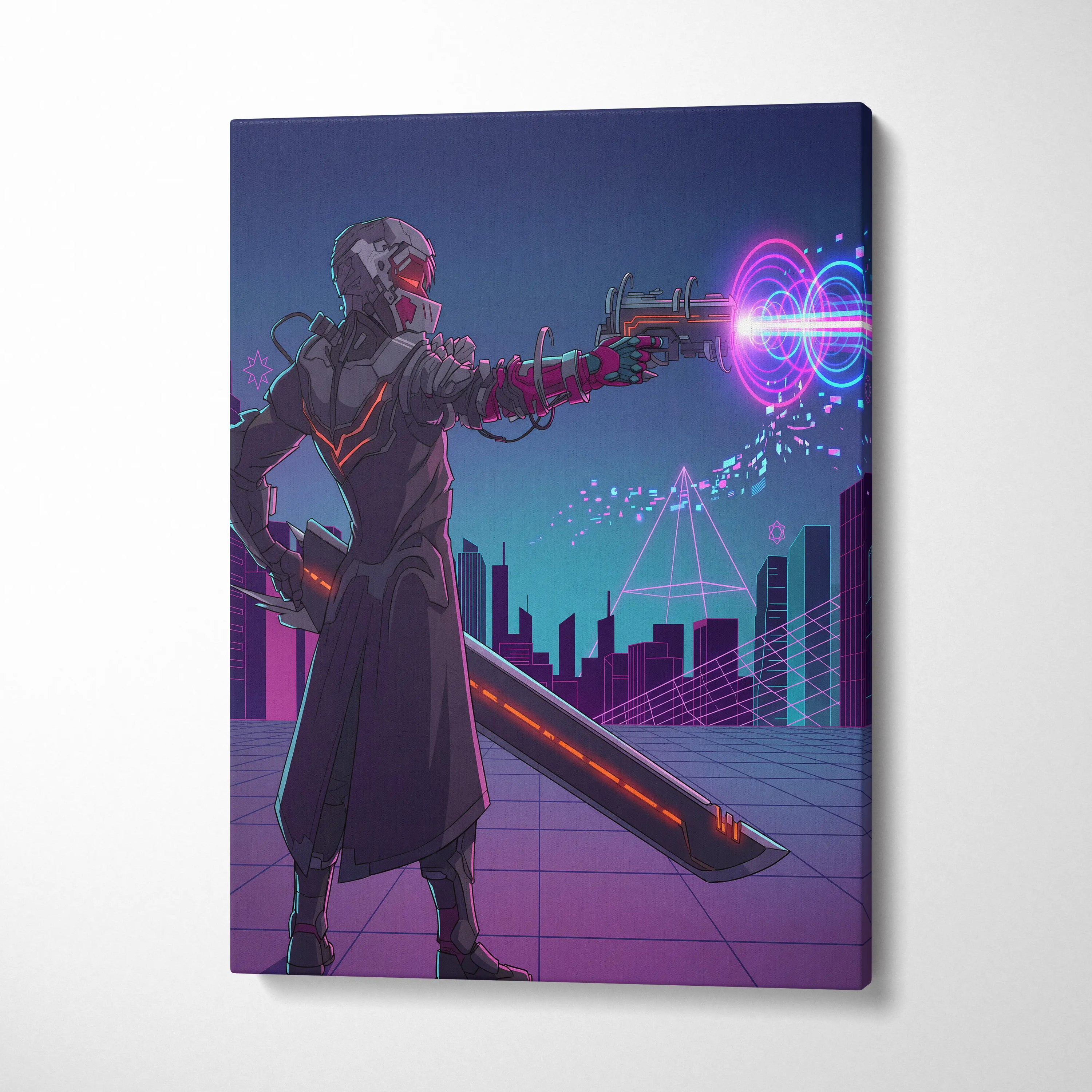 Neon Vaporwave Knight Canvas - Cybernetic Neon Warrior Pink Living Vaporwave Futuristic Mood Retro Synthwave Wall Art