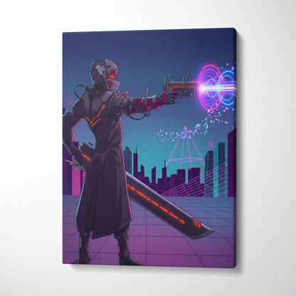 Neon Vaporwave Knight Canvas - Cybernetic Neon Warrior Pink Living Vaporwave Futuristic Mood Retro Synthwave Wall Art