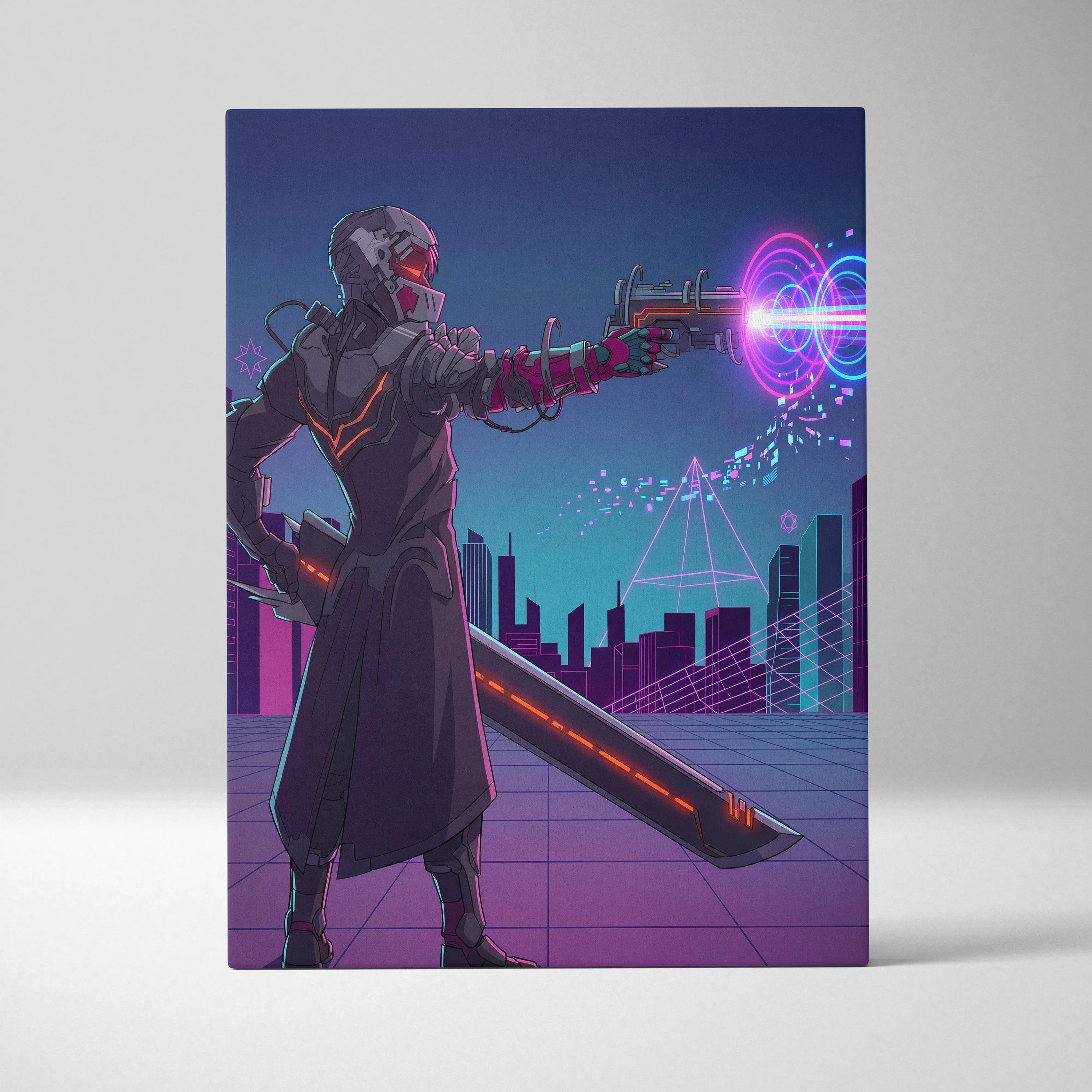Neon Vaporwave Knight Canvas - Cybernetic Neon Warrior Pink Living Vaporwave Futuristic Mood Retro Synthwave Wall Art
