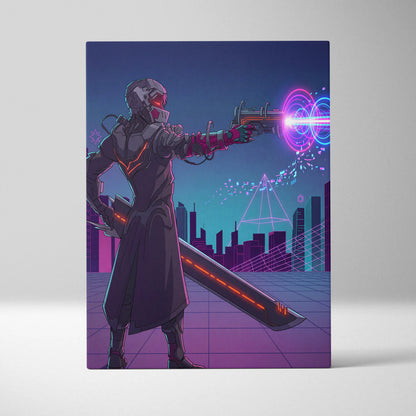 Neon Vaporwave Knight Canvas - Cybernetic Neon Warrior Pink Living Vaporwave Futuristic Mood Retro Synthwave Wall Art