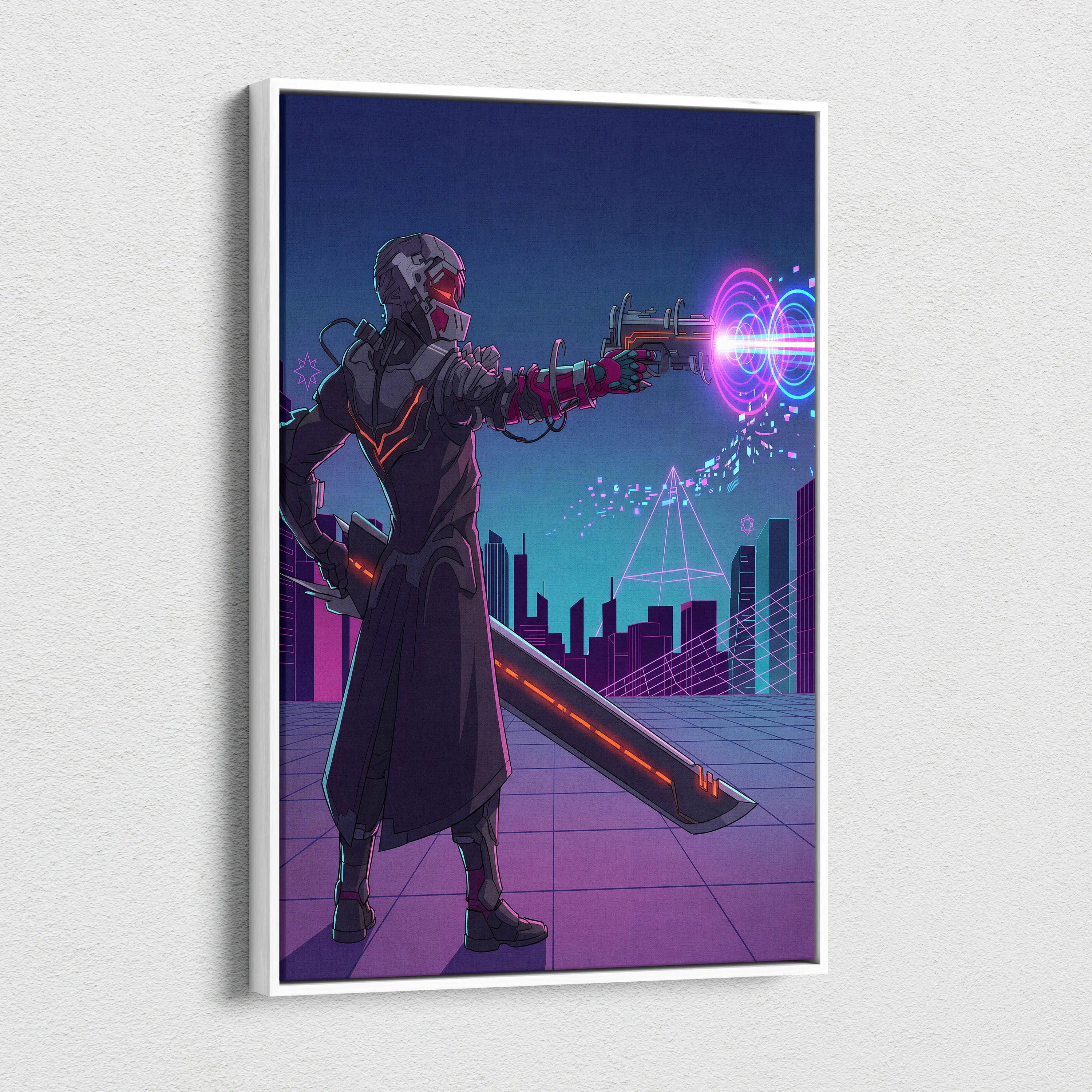 Neon Vaporwave Knight Canvas - Cybernetic Neon Warrior Pink Living Vaporwave Futuristic Mood Retro Synthwave Wall Art