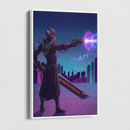 Neon Vaporwave Knight Canvas - Cybernetic Neon Warrior Pink Living Vaporwave Futuristic Mood Retro Synthwave Wall Art