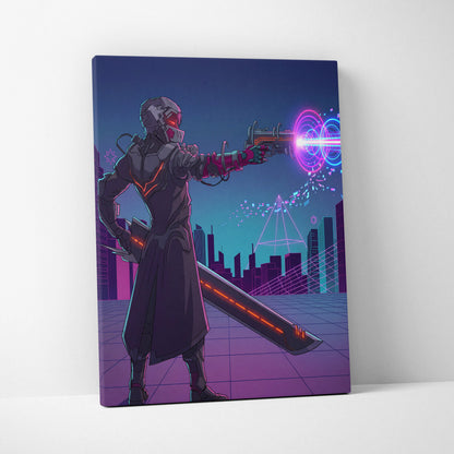 Neon Vaporwave Knight Canvas - Cybernetic Neon Warrior Pink Living Vaporwave Futuristic Mood Retro Synthwave Wall Art