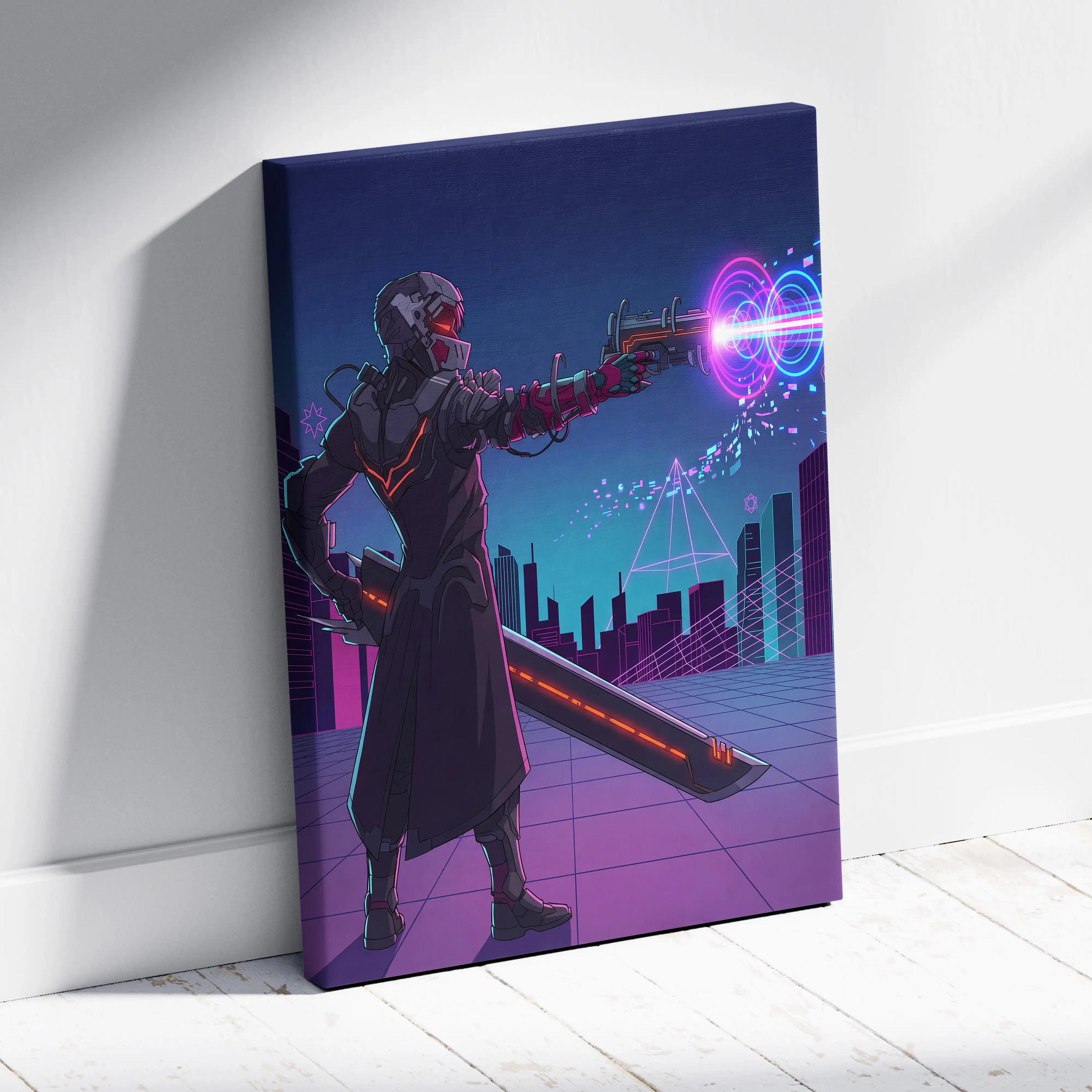 Neon Vaporwave Knight Canvas - Cybernetic Neon Warrior Pink Living Vaporwave Futuristic Mood Retro Synthwave Wall Art