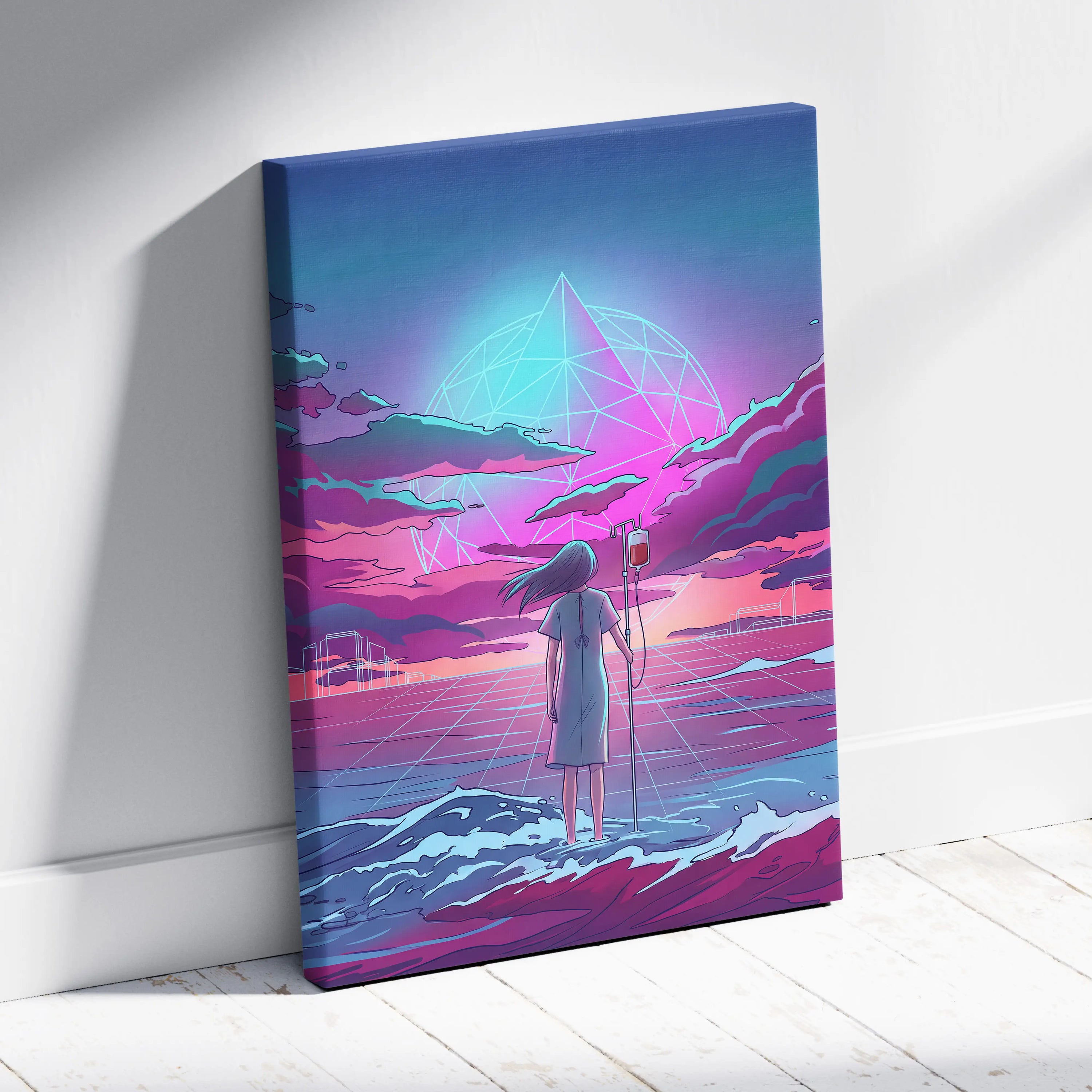 Vaporwave Neon Odyssey Canvas - Vaporwave Figure Neon Blue Living Room Retro Dreamy Neon Mood Modern Decor Canvas