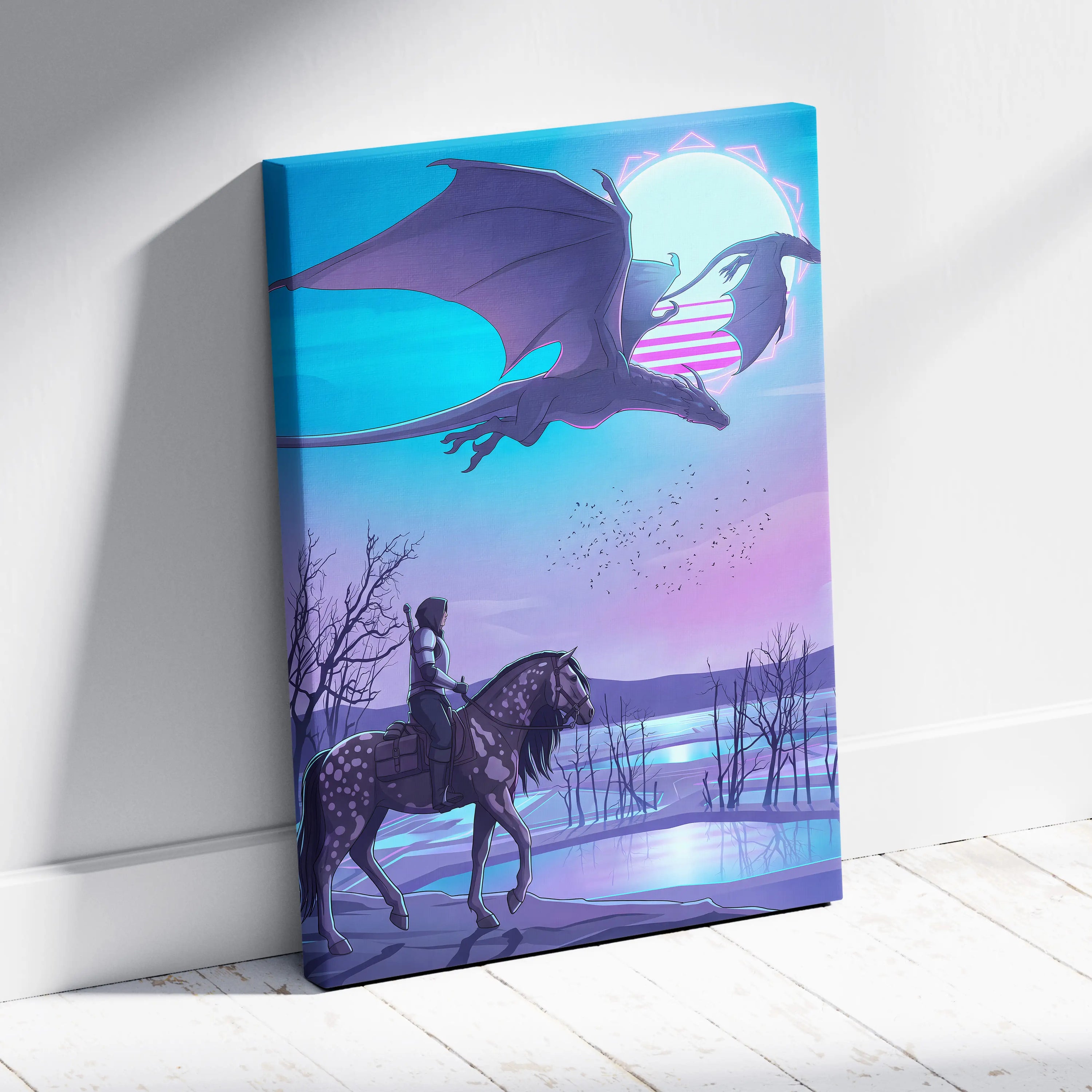 Vaporwave Neon Dragon Canvas - Dragon Neon Blues Purple Pink Room Vaporwave Mood Dreamy Modern Decor Neon Art Canvas