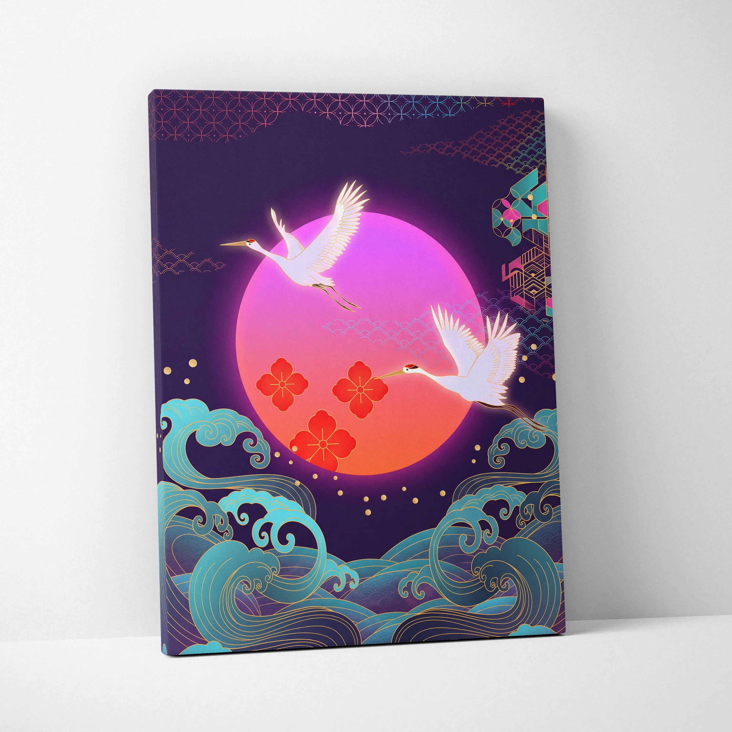Neo Tokyo Vaporwave Crane Sunset - Japan Landscape Vaporwave Neon Pink Teal Dreamy Nostalgic Synthwave Canvas Art