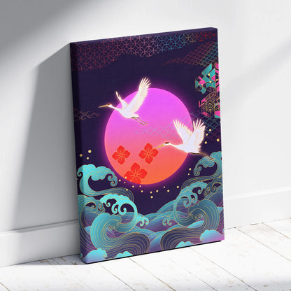 Neo Tokyo Vaporwave Crane Sunset - Japan Landscape Vaporwave Neon Pink Teal Dreamy Nostalgic Synthwave Canvas Art