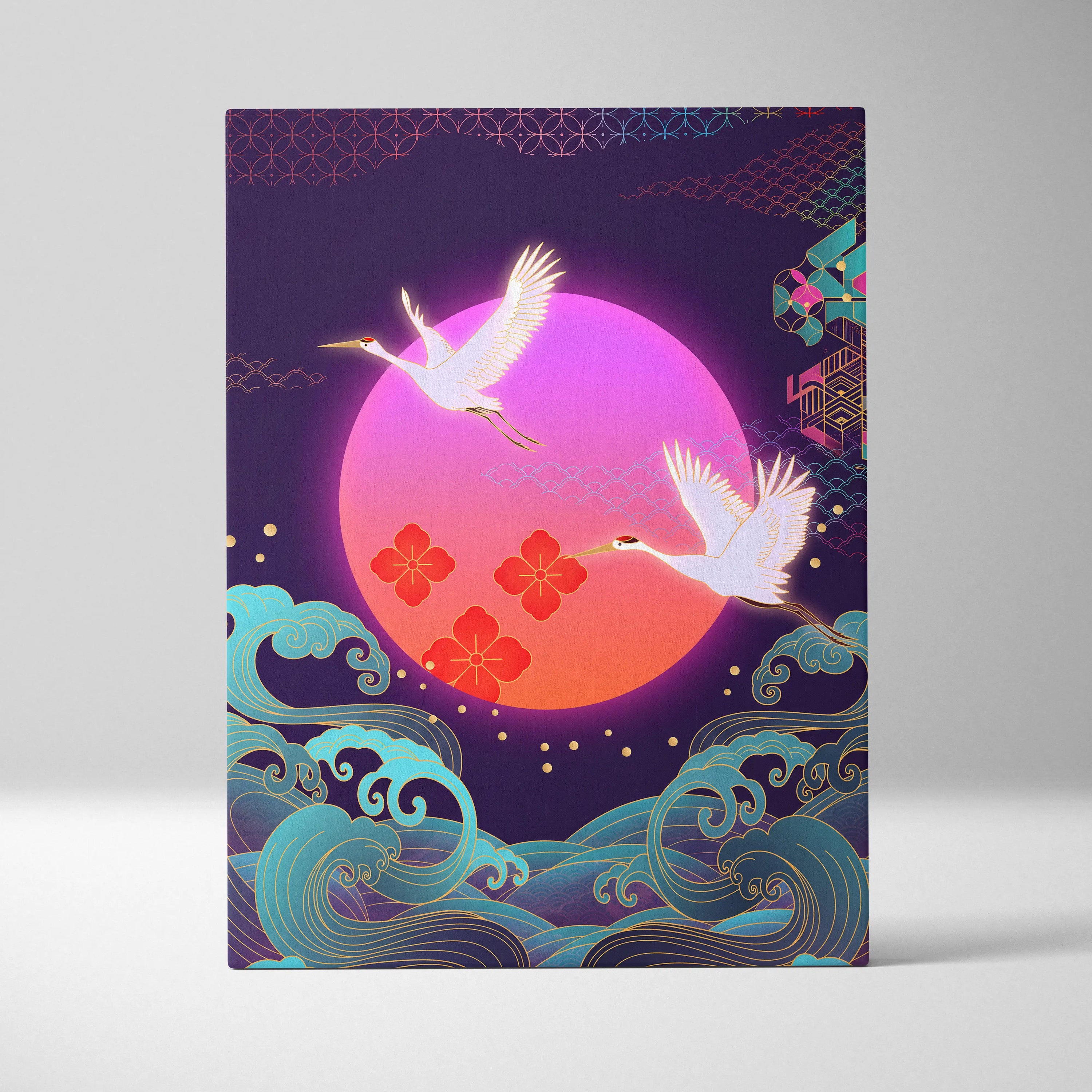 Neo Tokyo Vaporwave Crane Sunset - Japan Landscape Vaporwave Neon Pink Teal Dreamy Nostalgic Synthwave Canvas Art