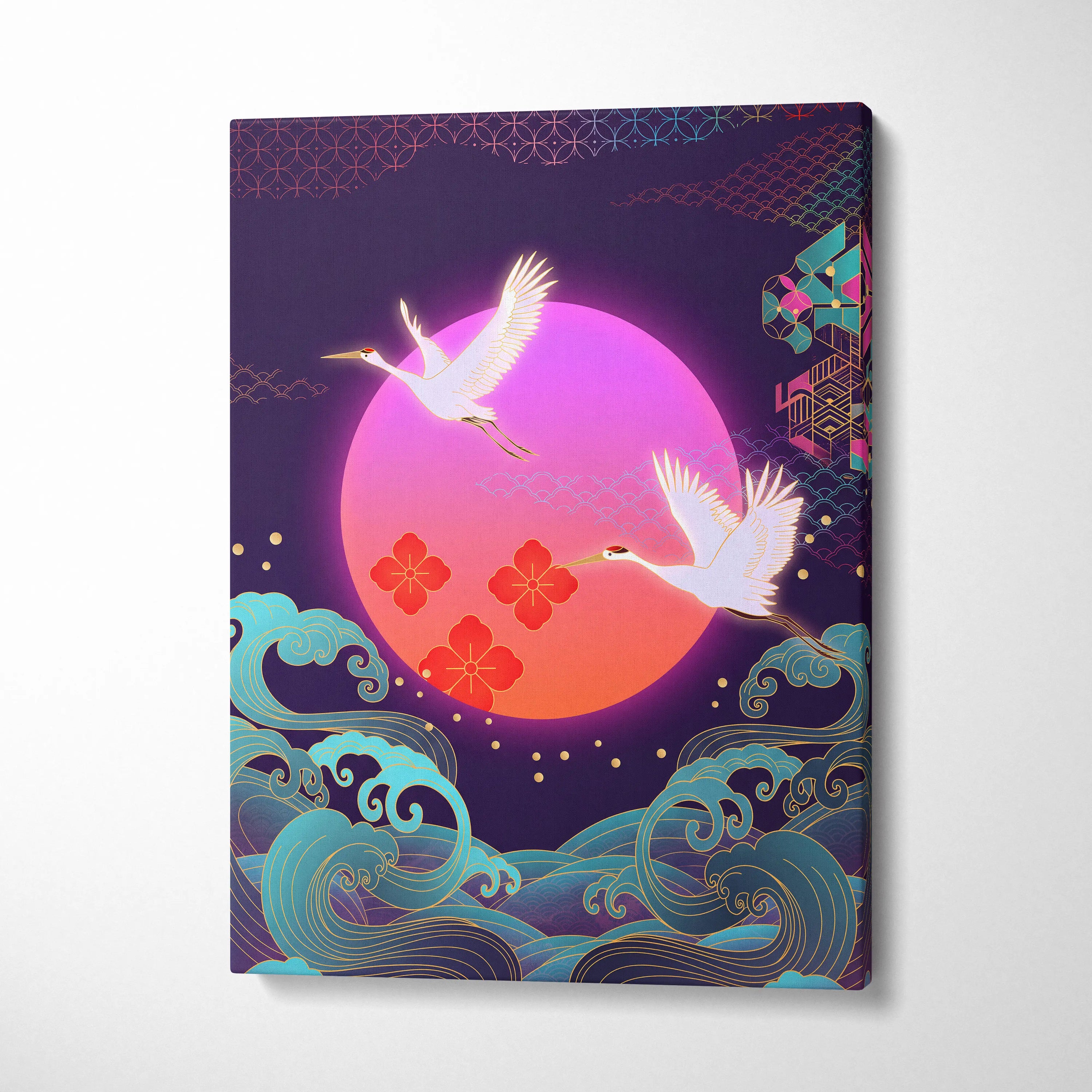 Neo Tokyo Vaporwave Crane Sunset - Japan Landscape Vaporwave Neon Pink Teal Dreamy Nostalgic Synthwave Canvas Art