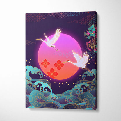 Neo Tokyo Vaporwave Crane Sunset - Japan Landscape Vaporwave Neon Pink Teal Dreamy Nostalgic Synthwave Canvas Art