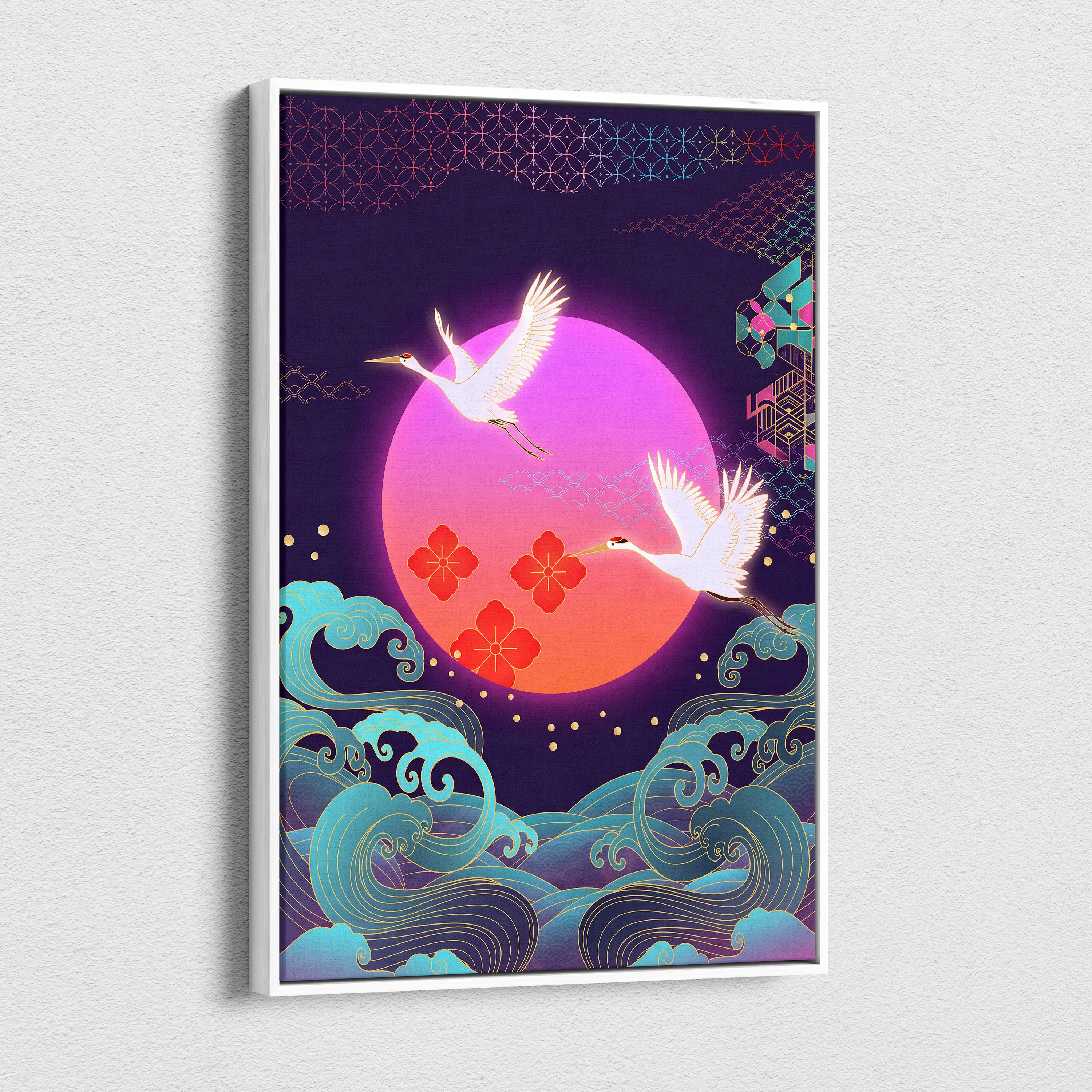 Neo Tokyo Vaporwave Crane Sunset - Japan Landscape Vaporwave Neon Pink Teal Dreamy Nostalgic Synthwave Canvas Art