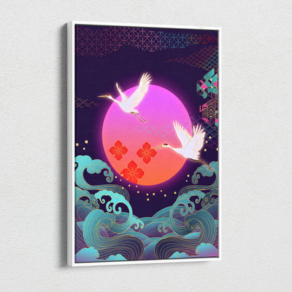 Neo Tokyo Vaporwave Crane Sunset - Japan Landscape Vaporwave Neon Pink Teal Dreamy Nostalgic Synthwave Canvas Art